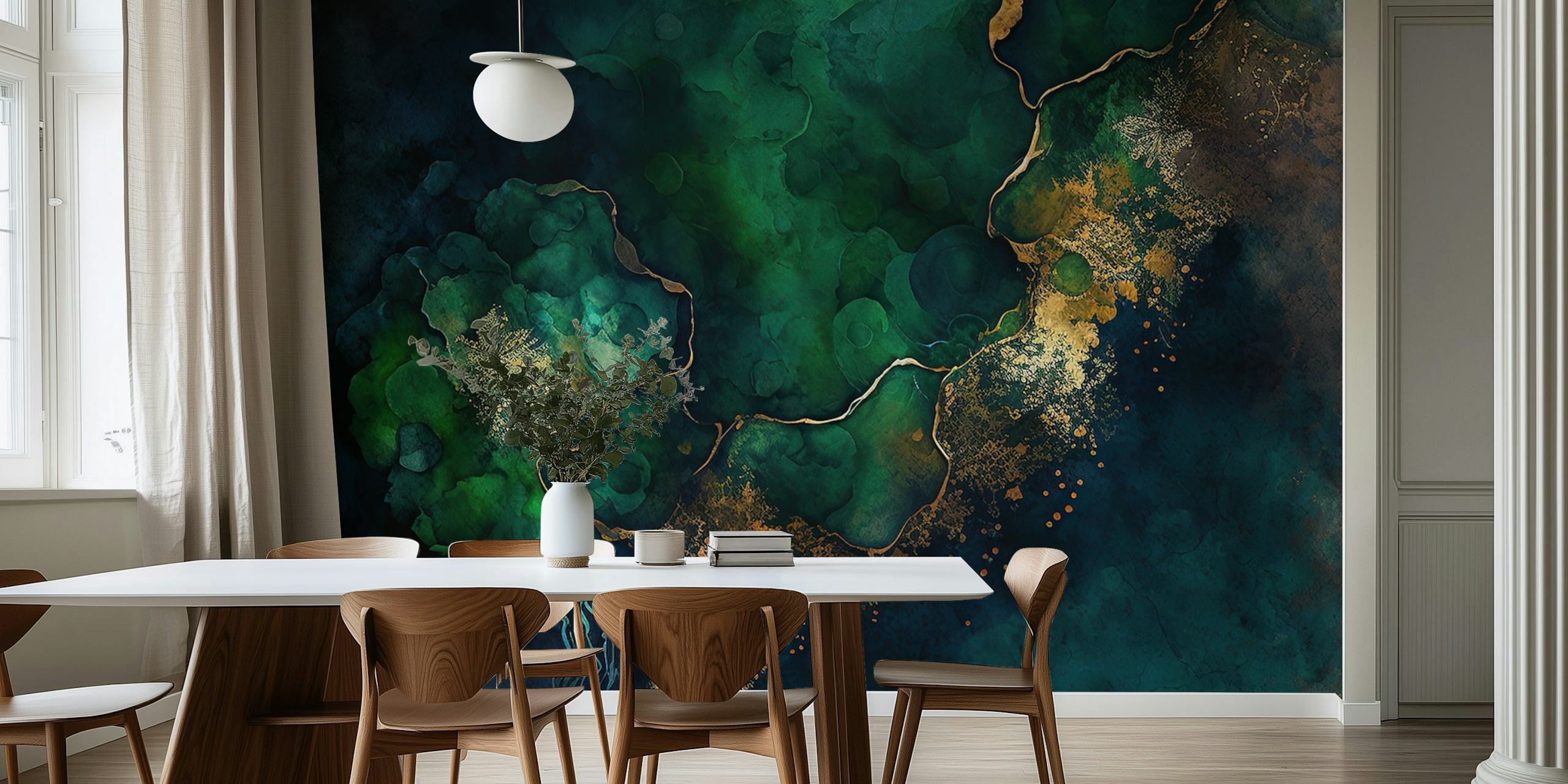 Dark Moody Mystic Marble veggmaleri med virvlende blå og grønne farger med aksenter av jordfarger