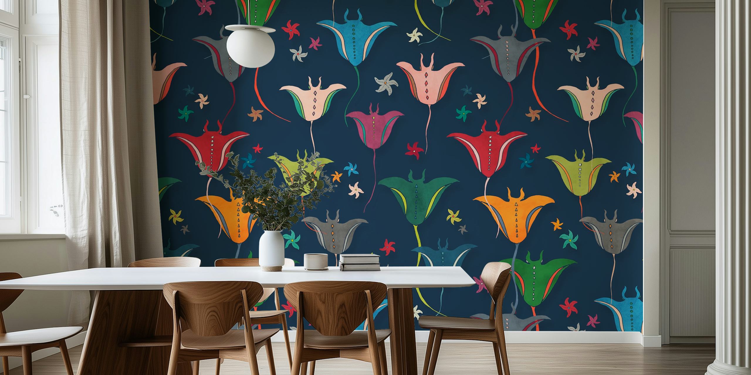Colorful manta rays and flowers on navy background wallpaper