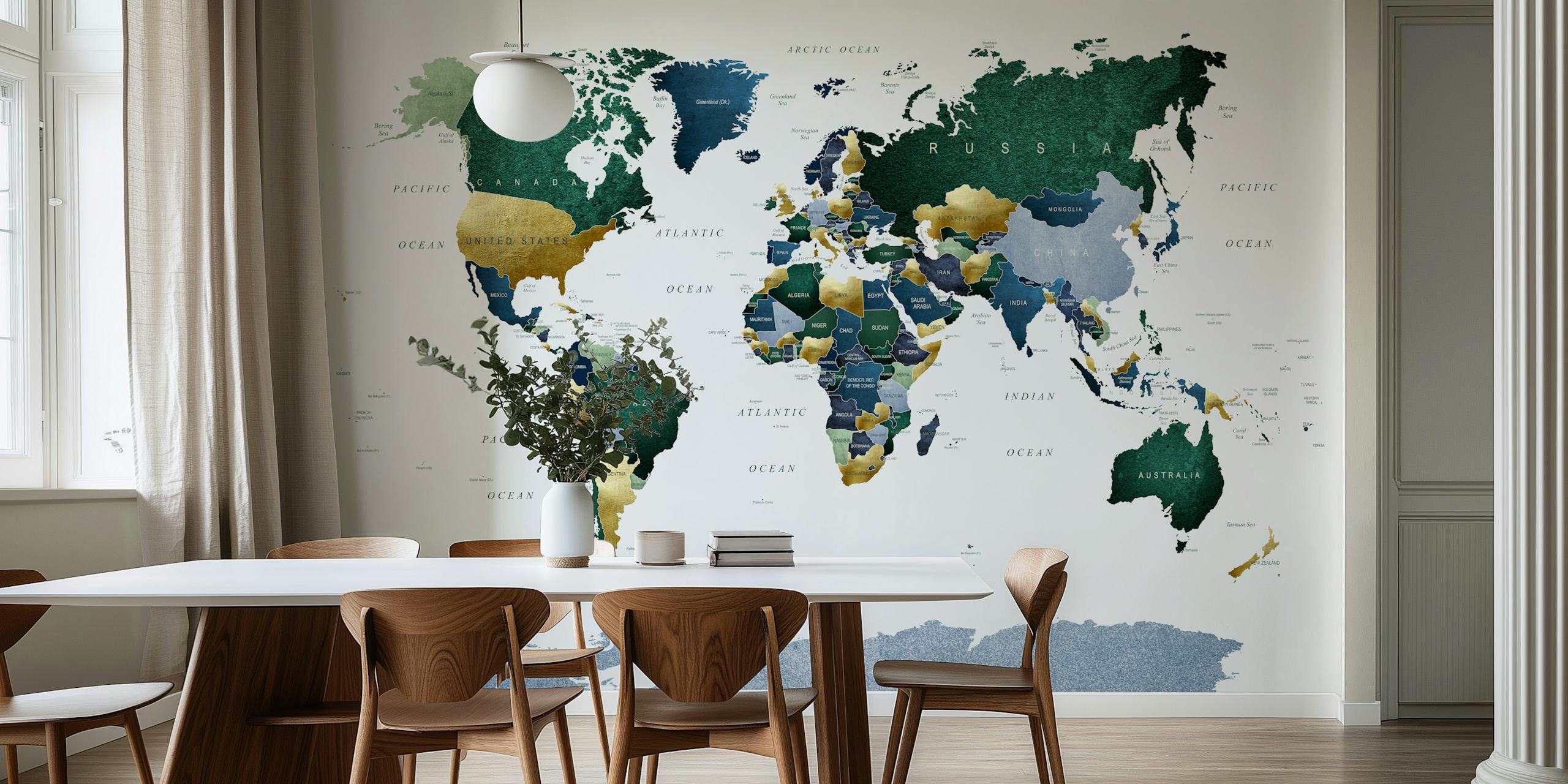 World map in blue and green tones wall mural