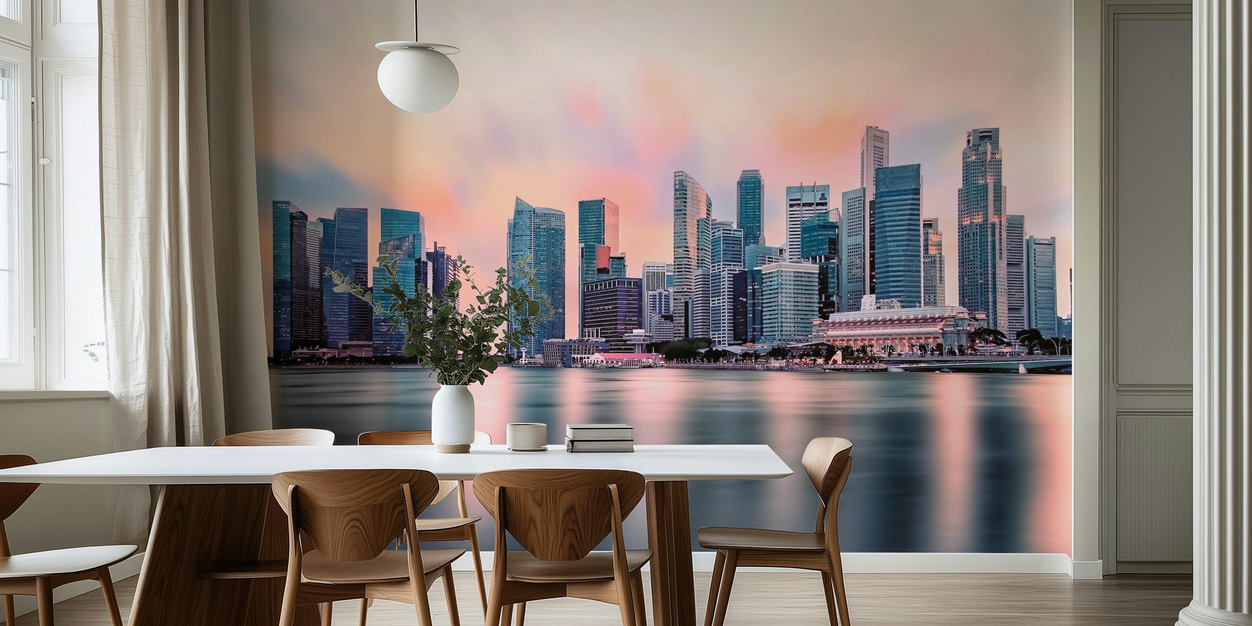 Panorama Singapuru s odstíny západu slunce odrážejícími se ve vodní nástěnné malbě