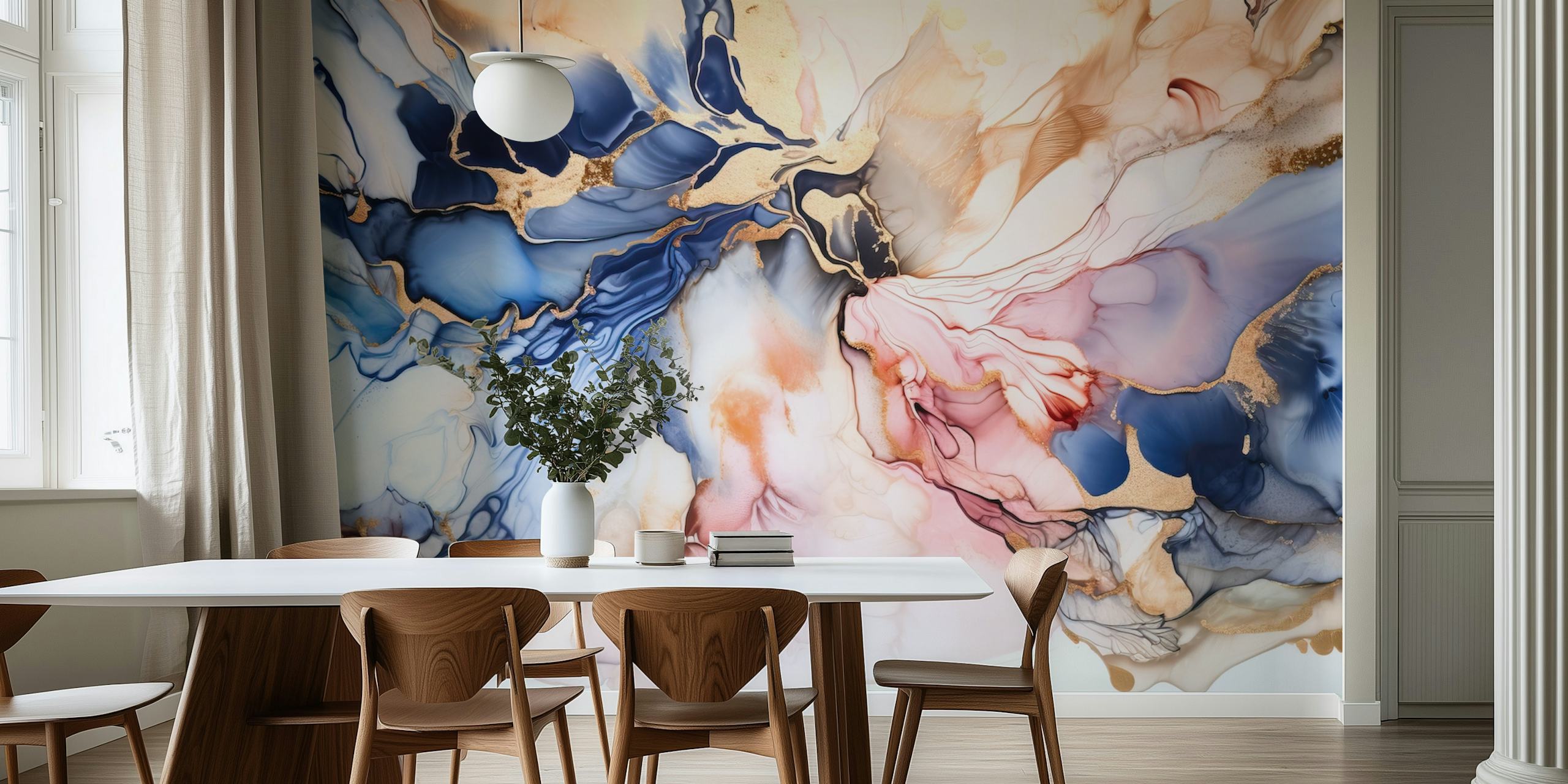 Abstract liquid art design with blue, pink and gold tones wallpaper