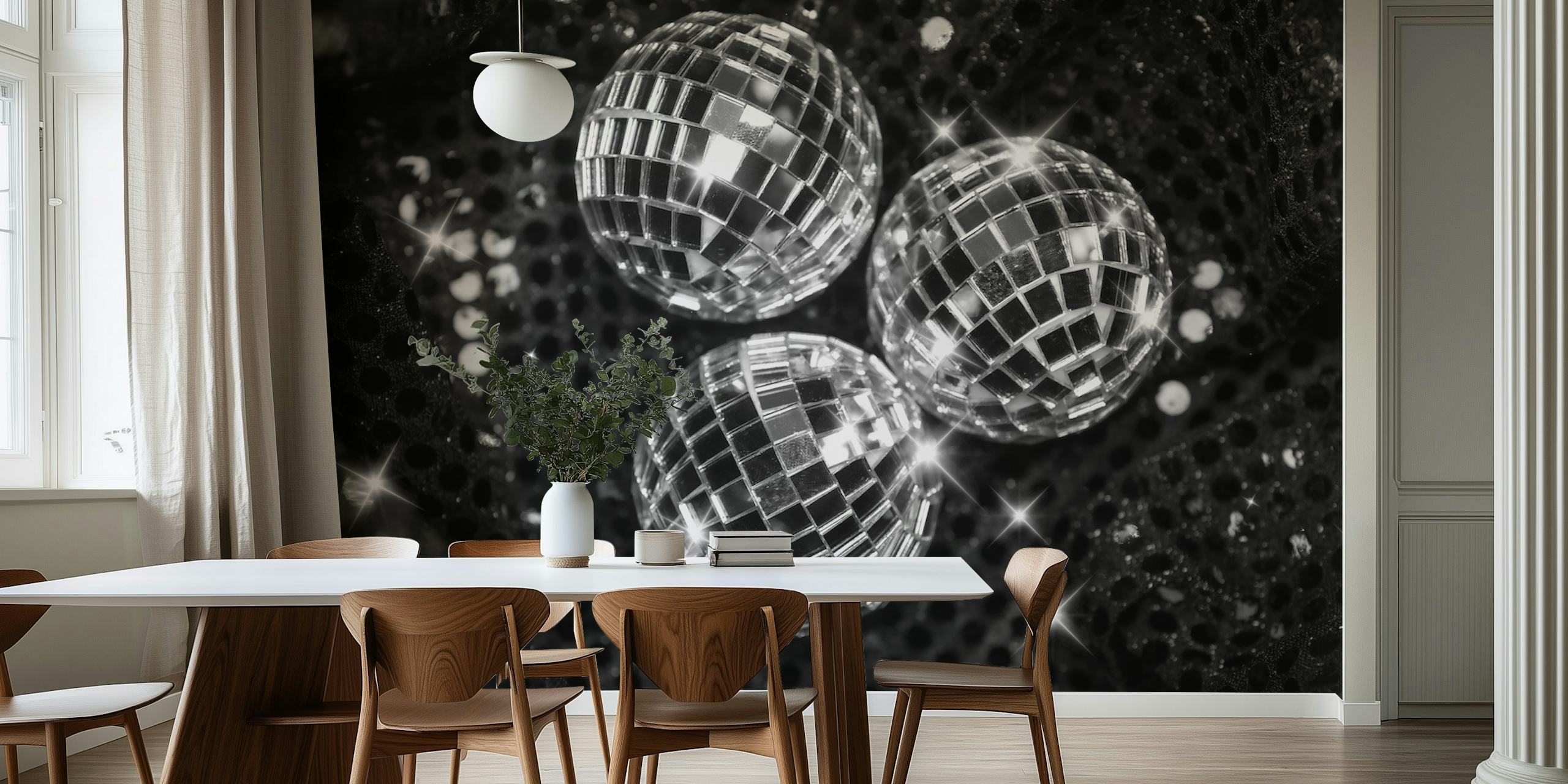 Λαμπερές Disco Balls Glam 10 σε φόντο φωτός bokeh σε ένα μονόχρωμο τοιχογραφία