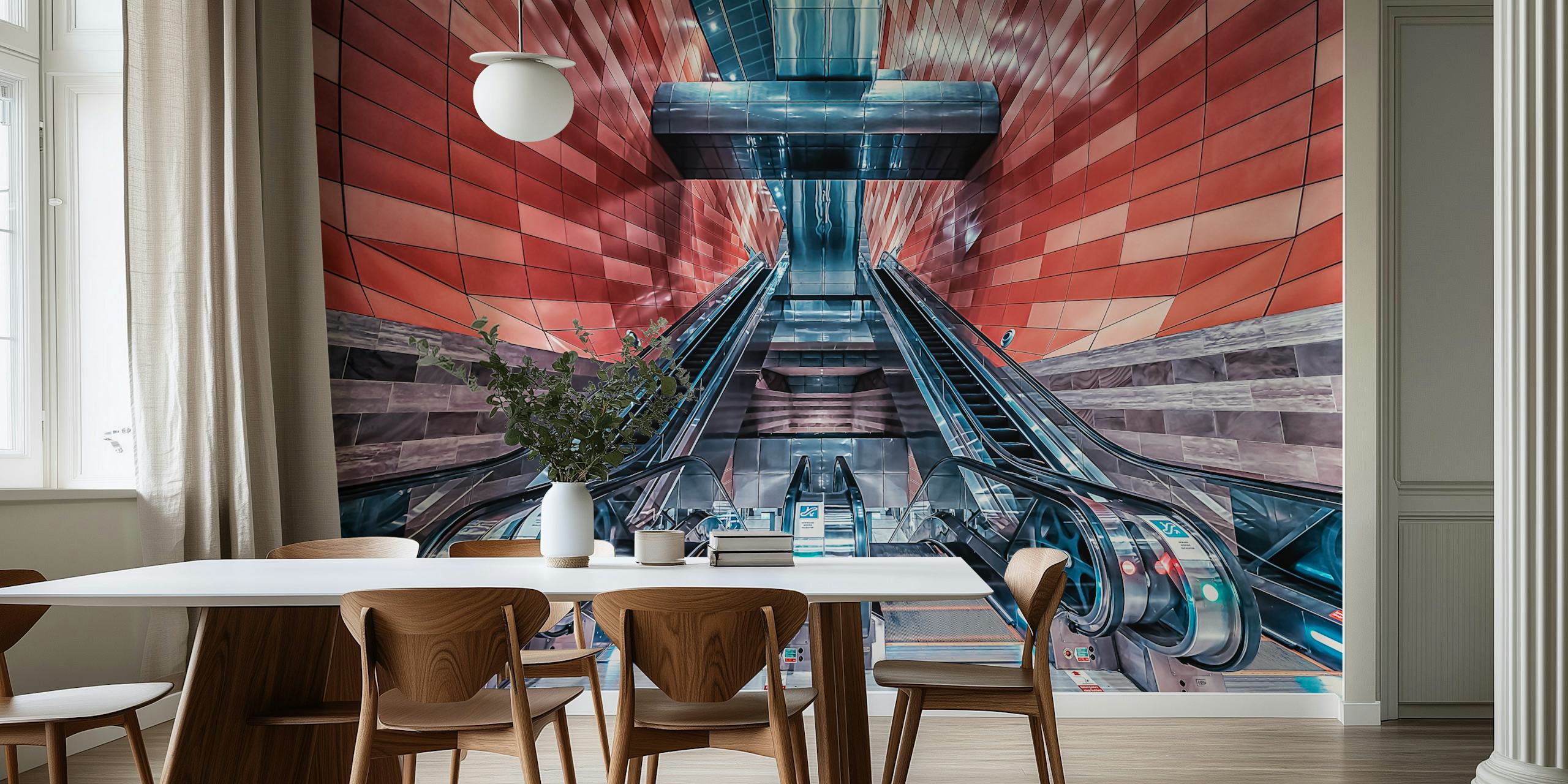 Modern escalator wall mural in a vibrant urban setting