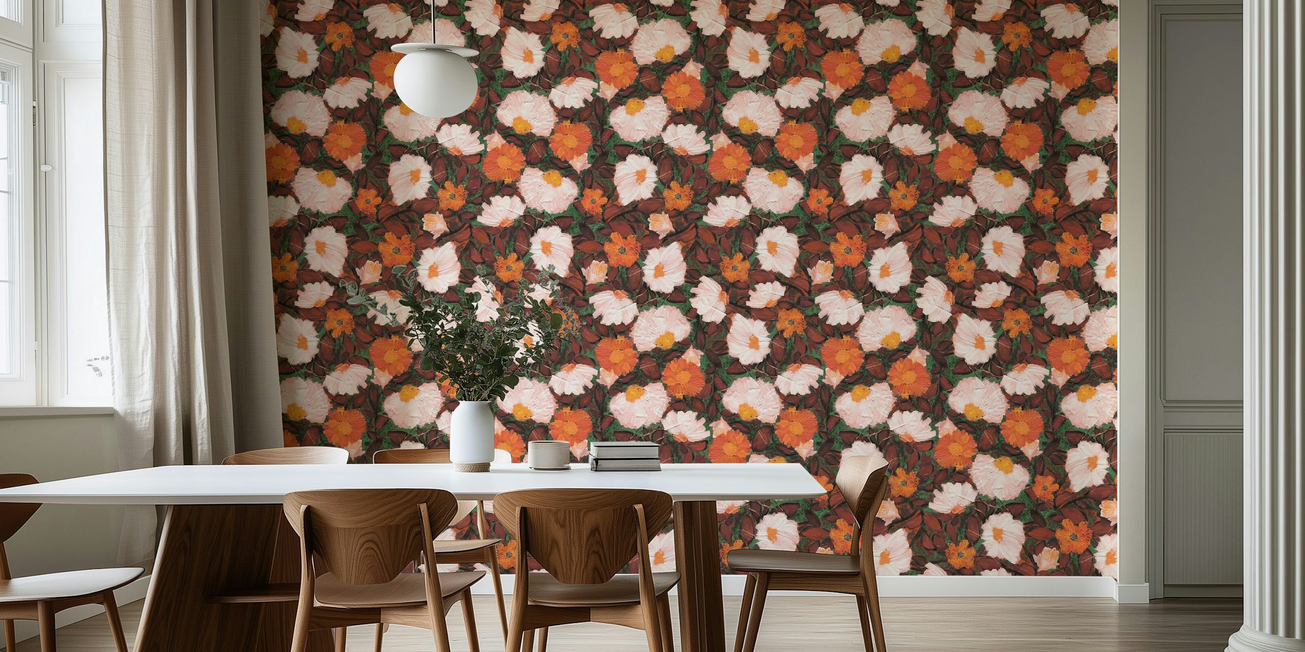 Floral wallpaper design in orange, green, and brown