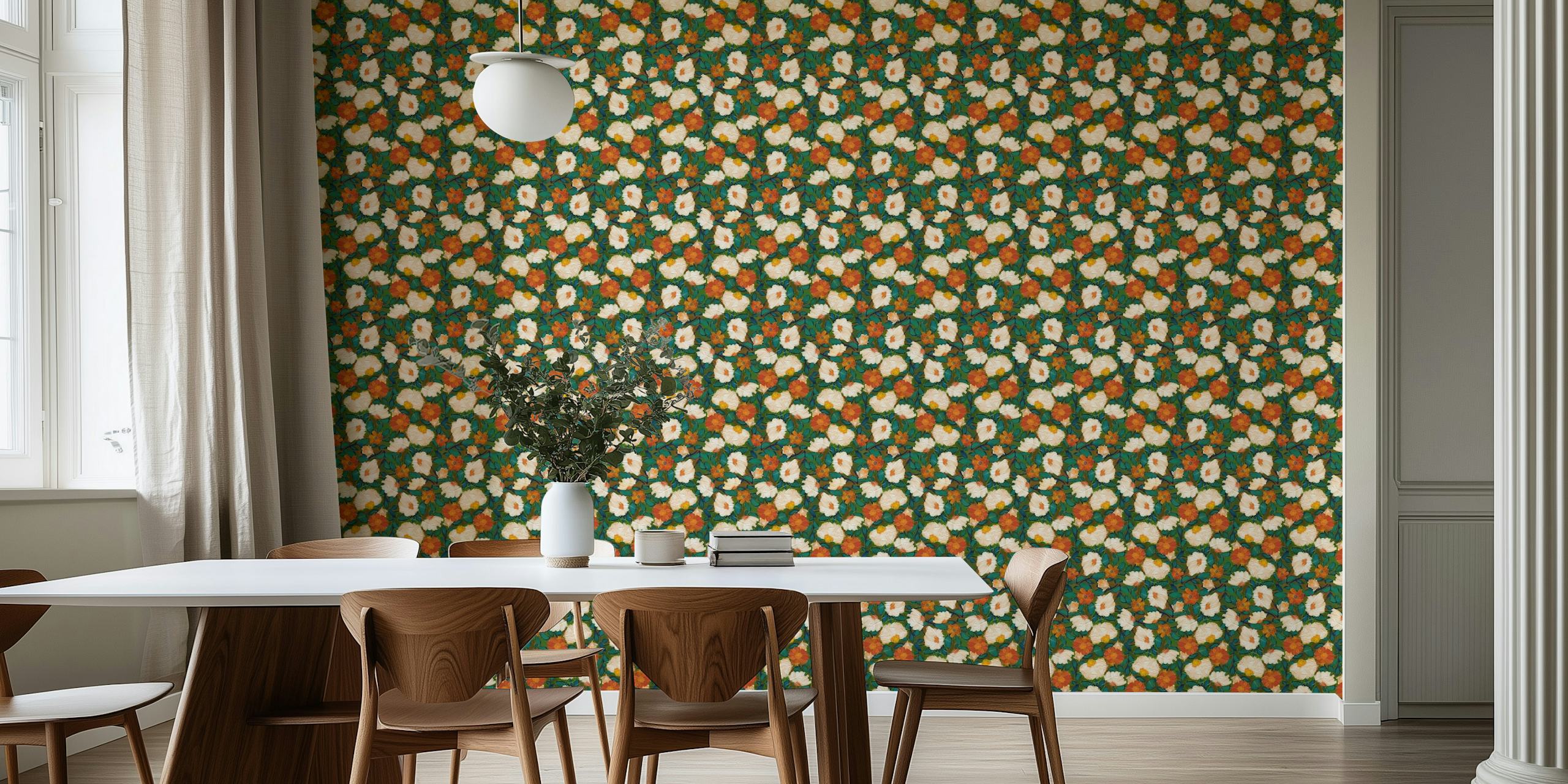 Floral wallpaper pattern in orange and teal