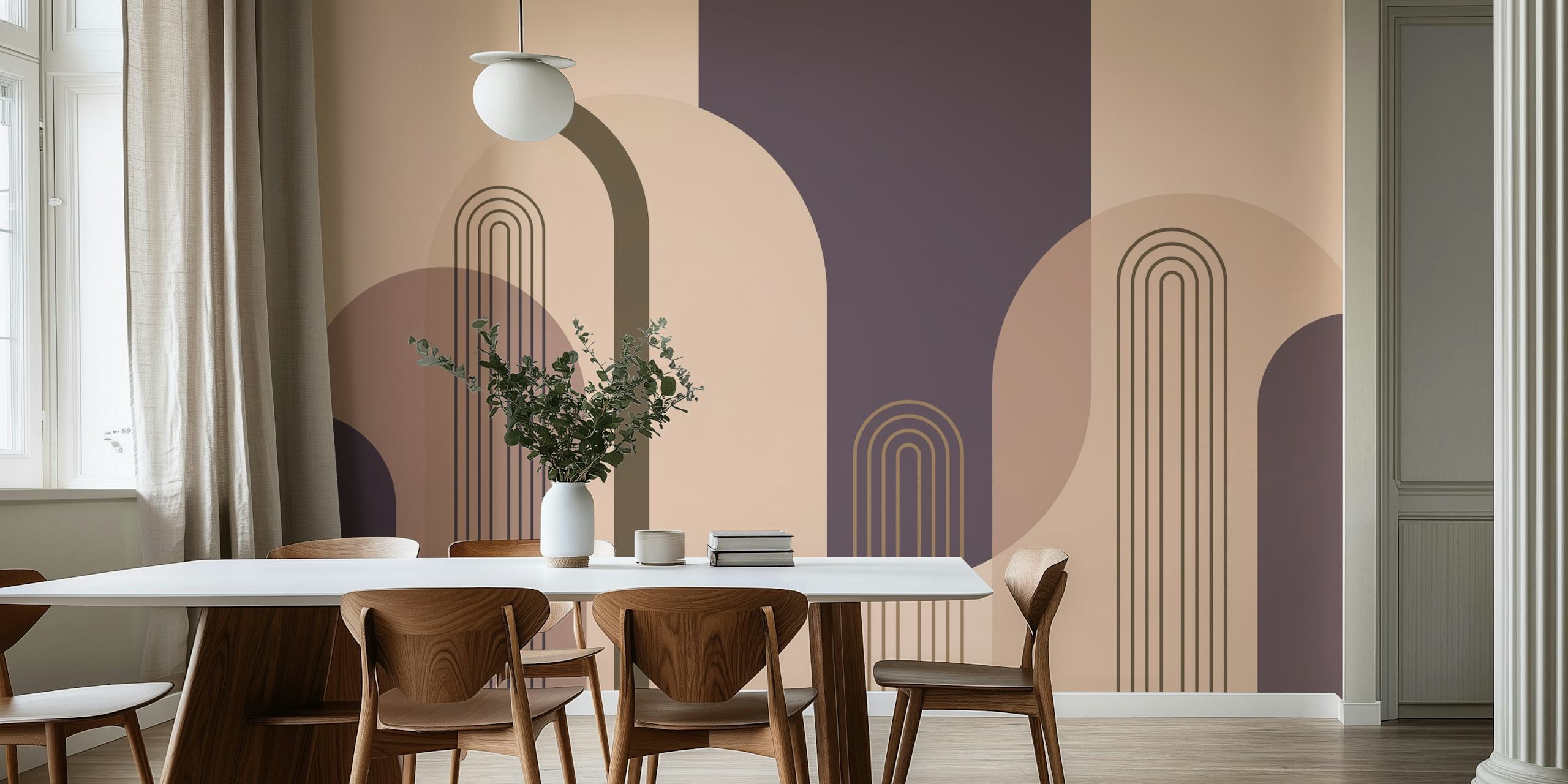 Mid Century Arches Aubergine Wall Mural with geometric shapes