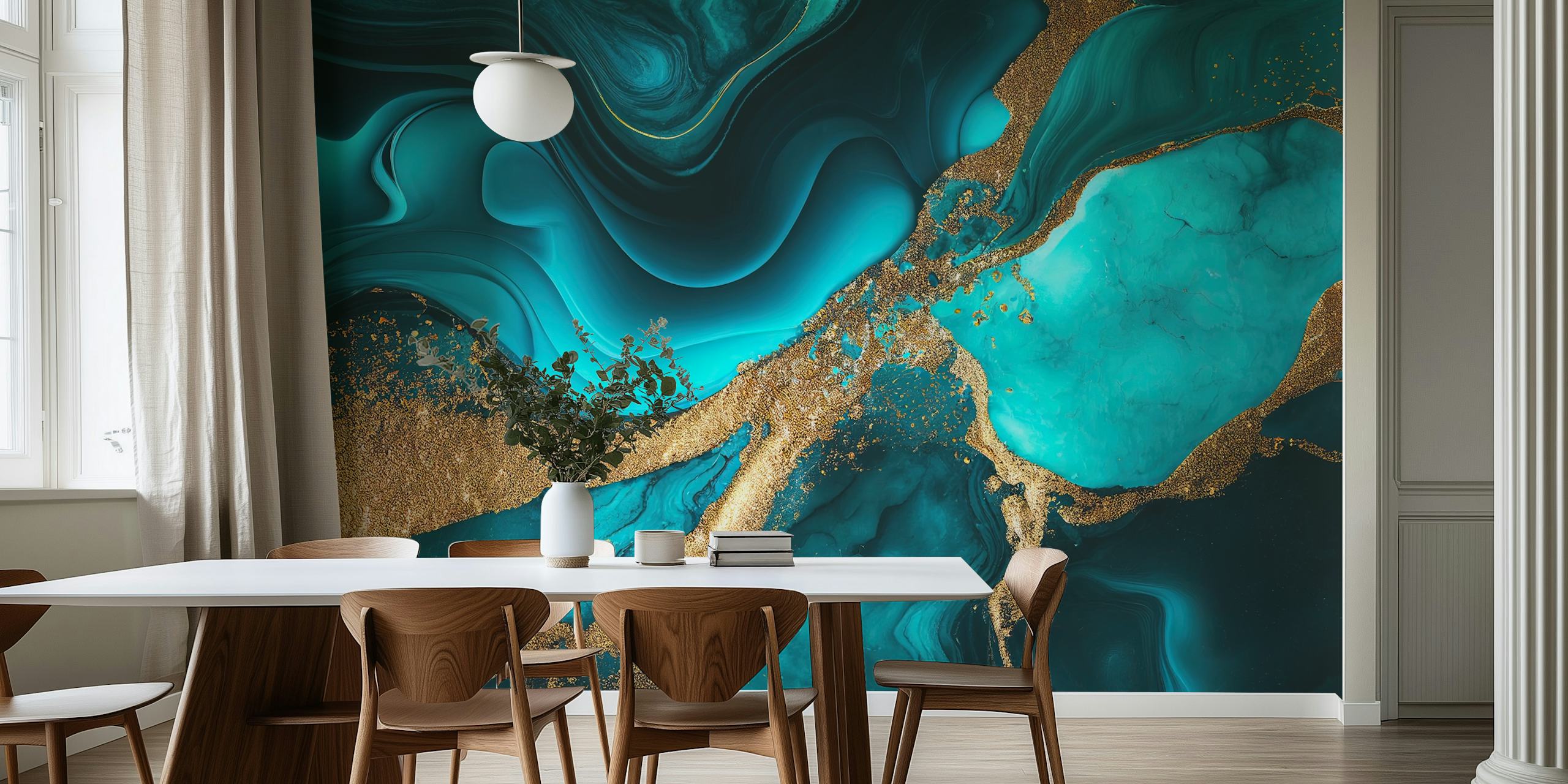 Teal and gold abstract marble pattern wallpaper