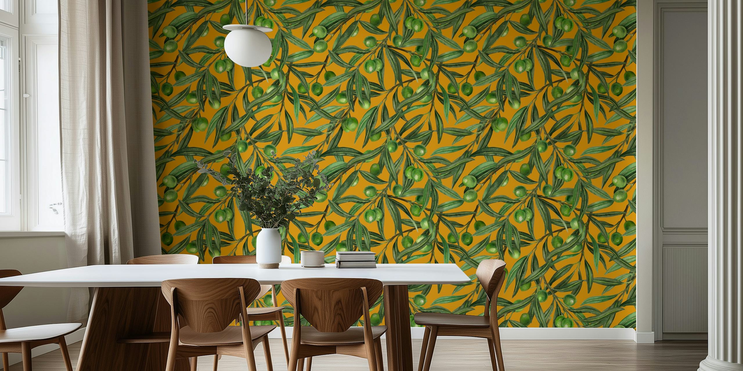 Olive branches with green olives on a mustard background wallpaper