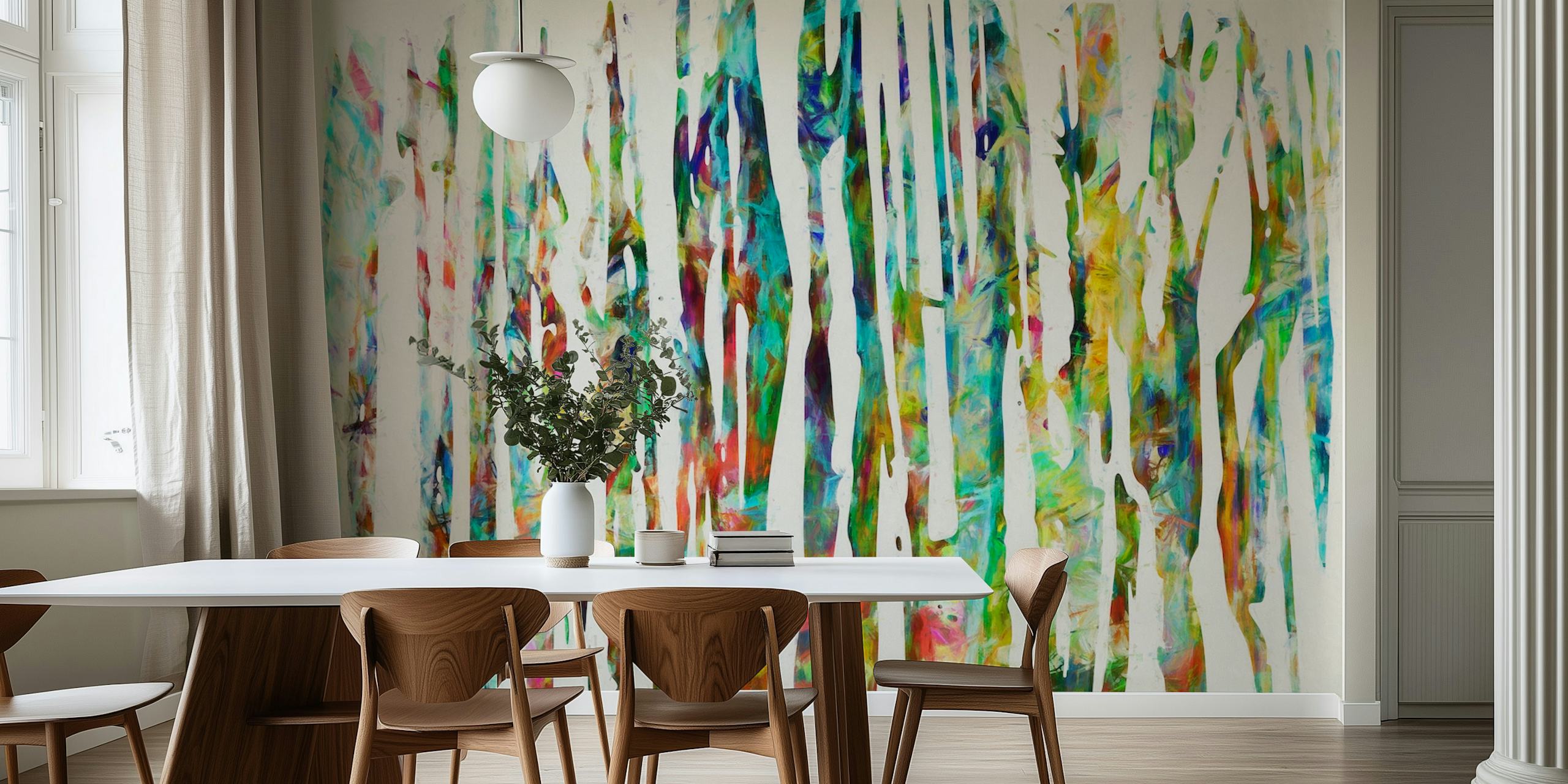 Abstract wall mural featuring colorful streaks resembling paint running down a wall, titled Paint Rain 2.