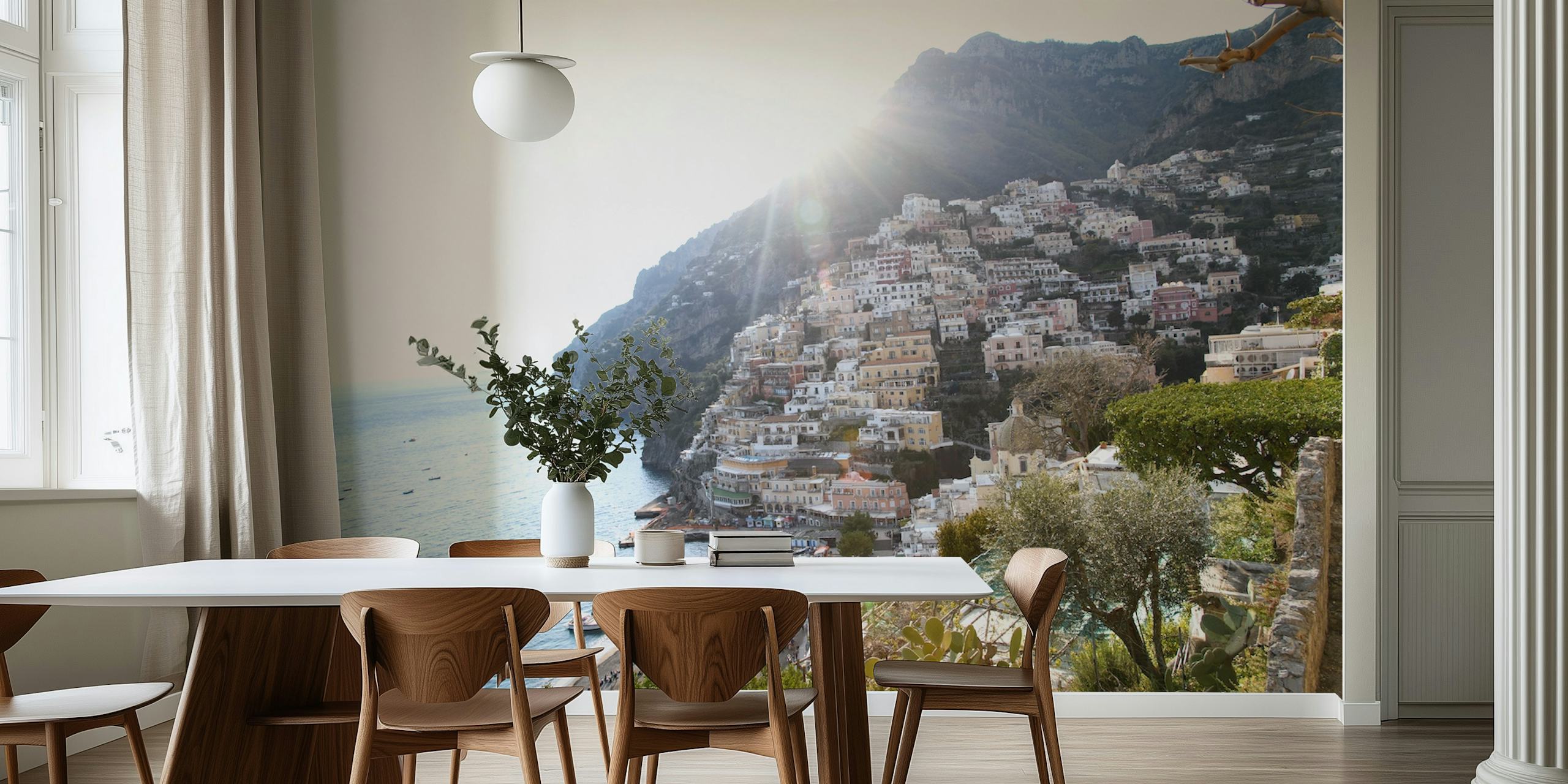 Veggmaleri i italiensk kystlandskap med Positano-klippeside og hav