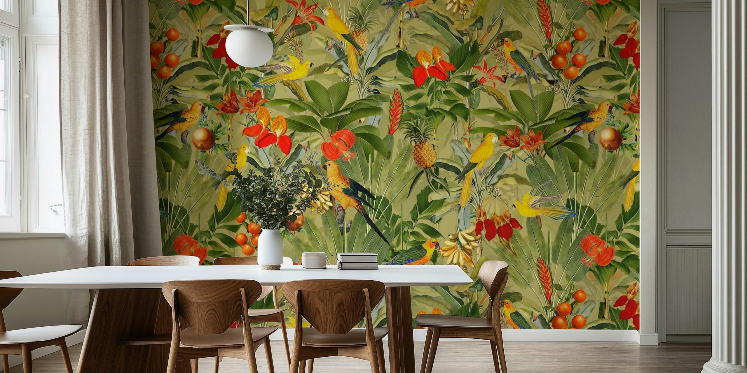 Colorful tropical birds and flowers in green foliage wallpaper
