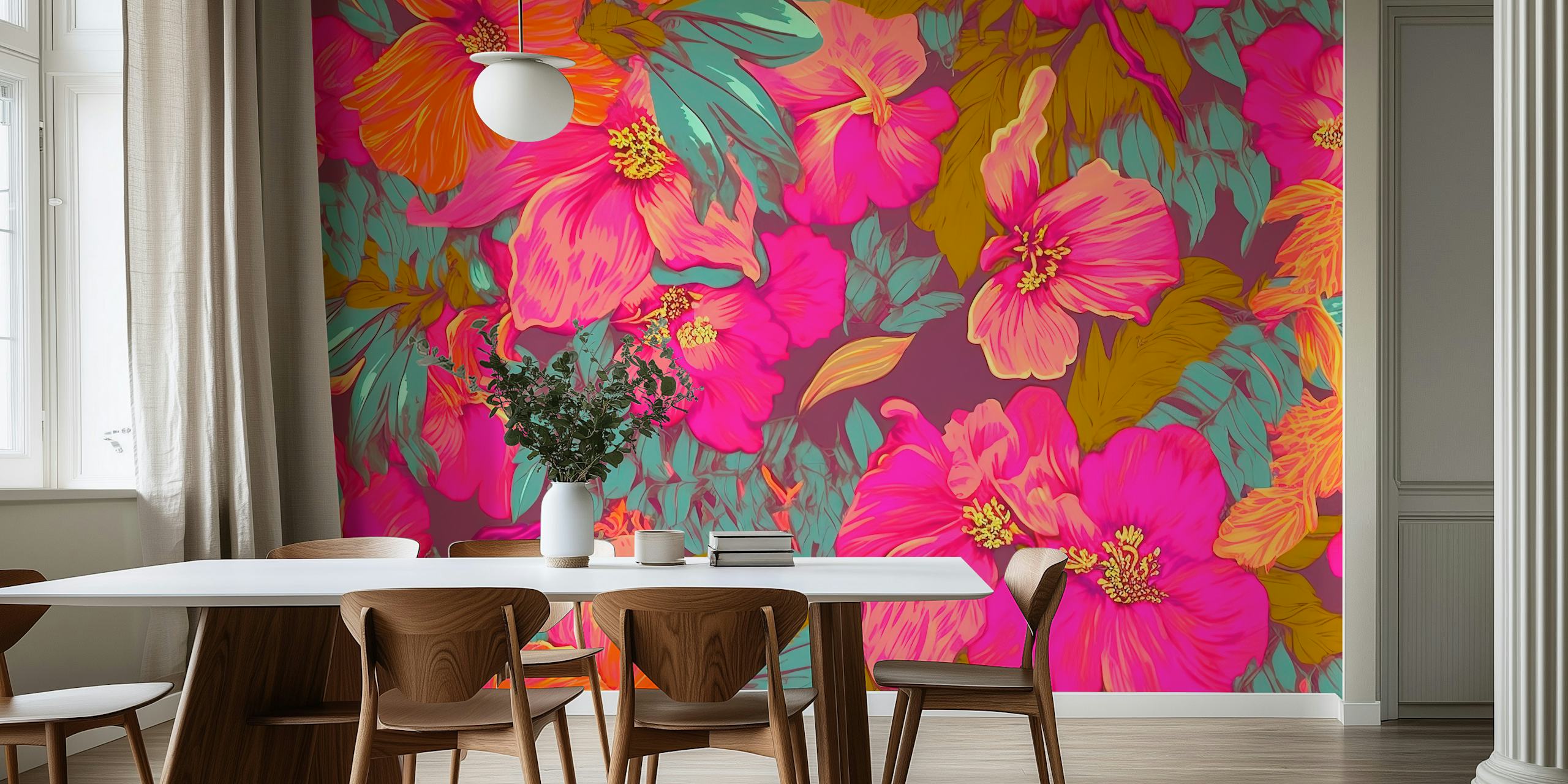 Papier peint Fluo Pink Flowers dans une pièce