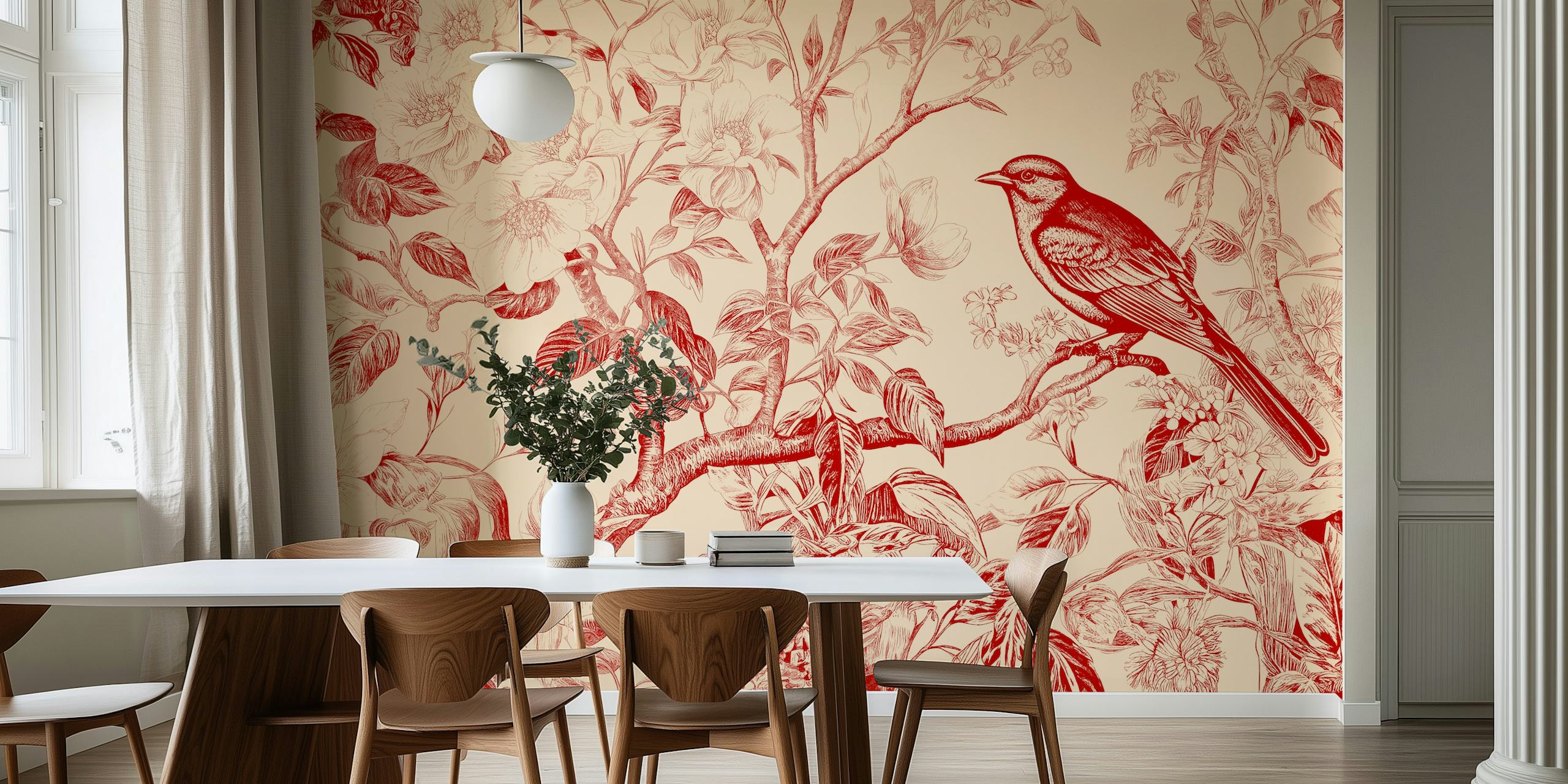 Red bird perched on floral branches with a soft background wallpaper
