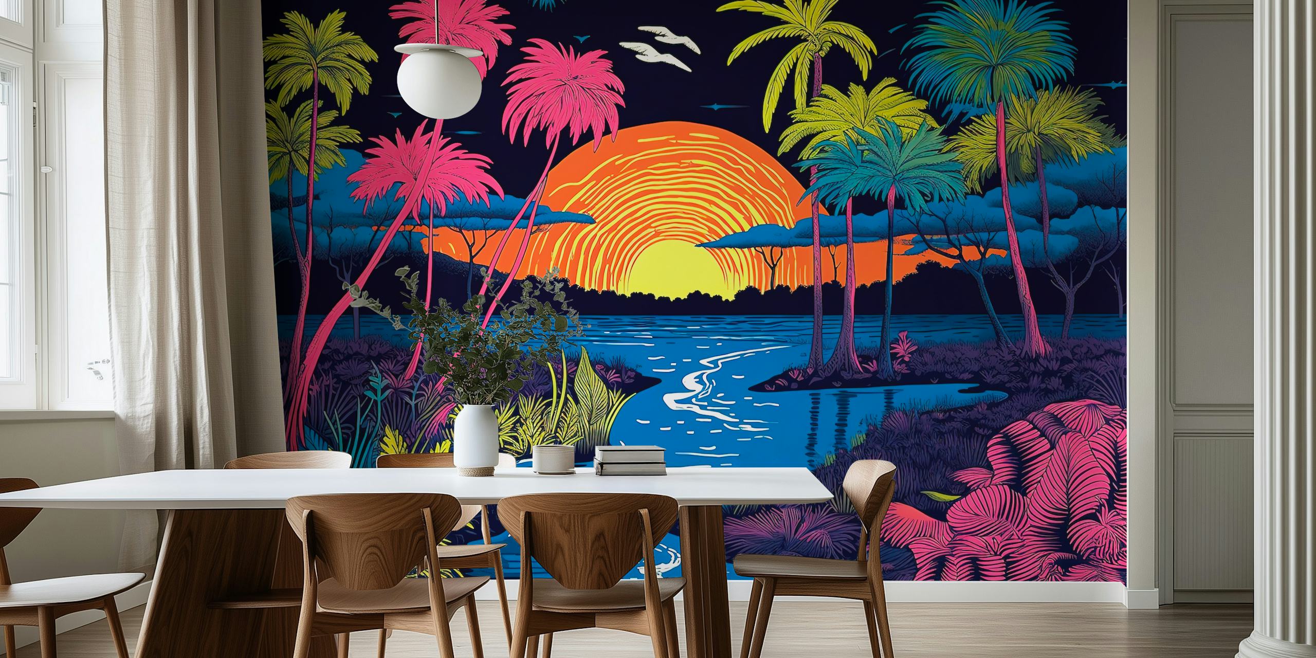 Tropisch palmen en zonsondergang in felle kleuren wallpaper