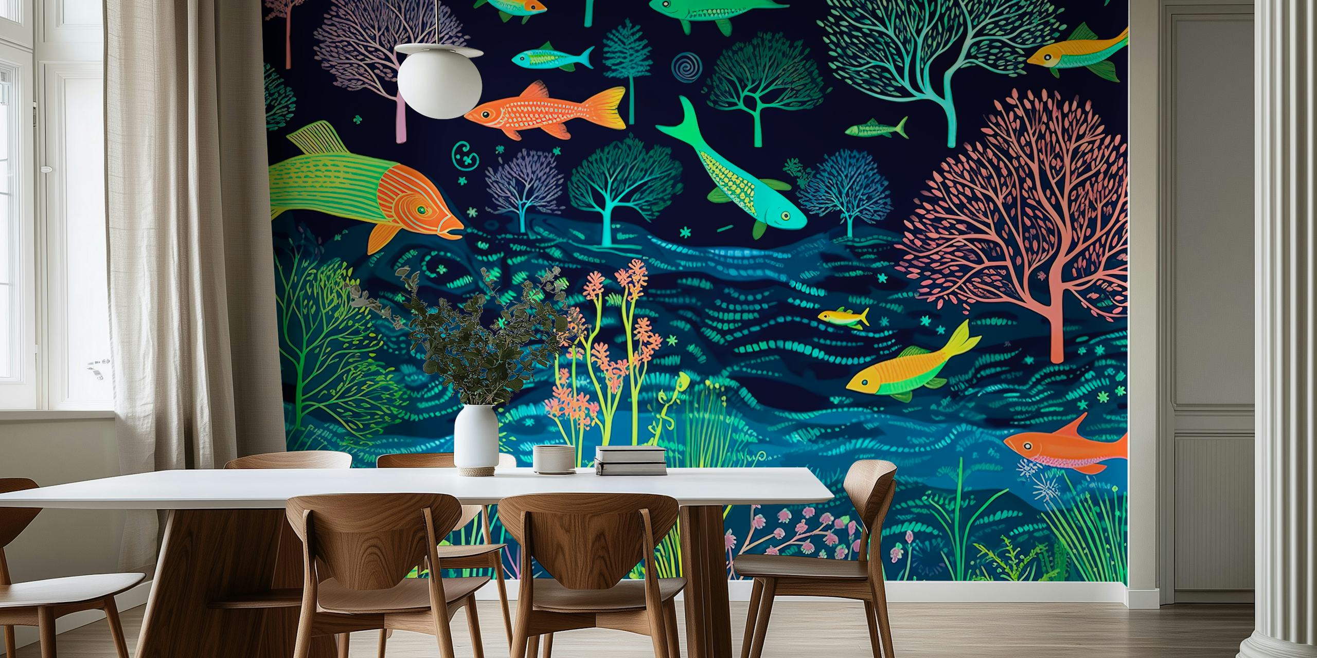 Colorful tropical fish and trees design wallpaper