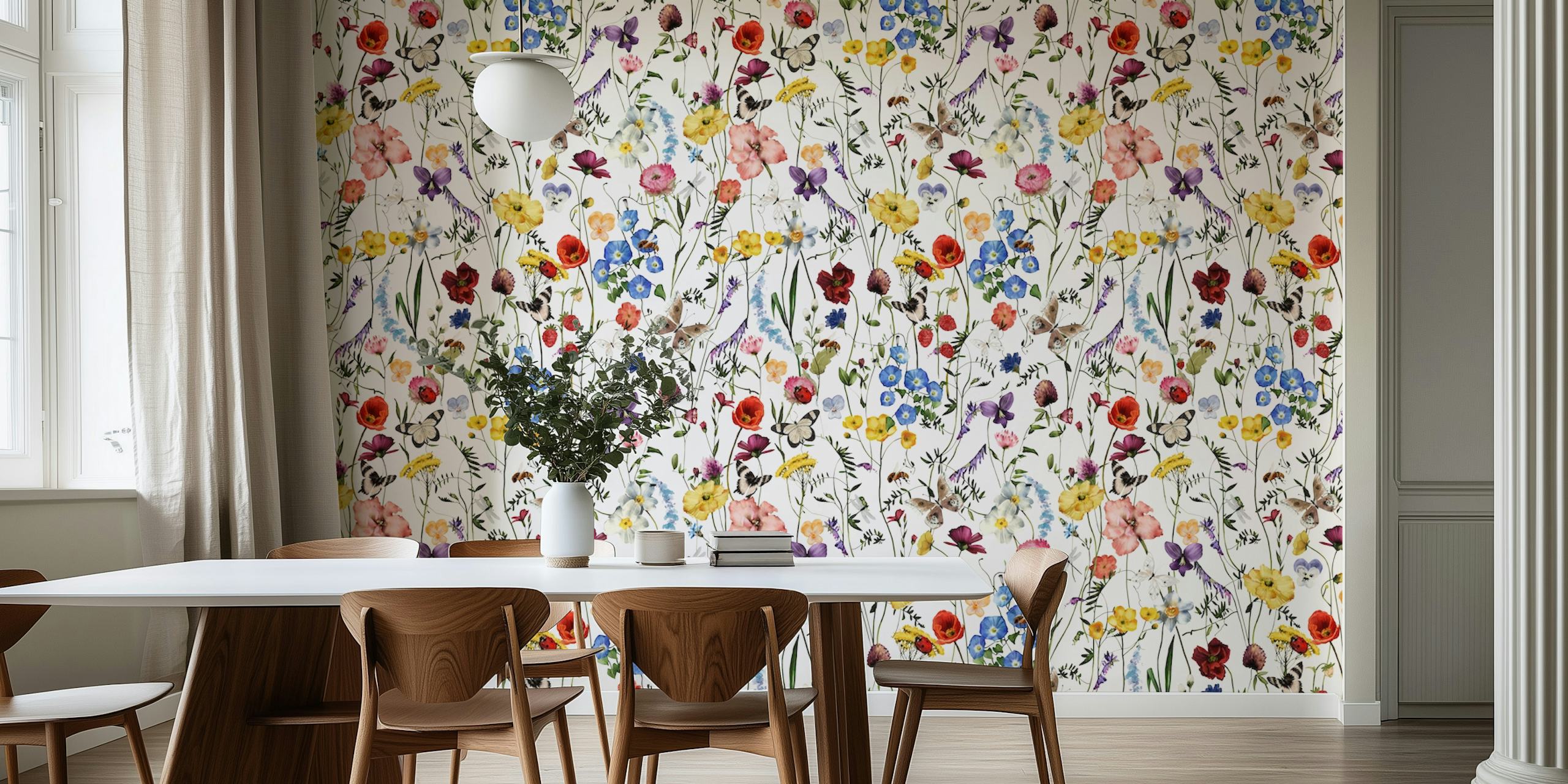Colorful wildflowers pattern in various shades on white background wallpaper