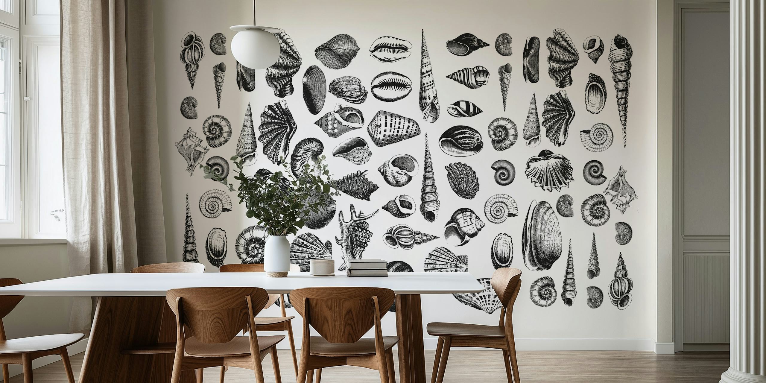 various seashells in black and white pattern wallpaper