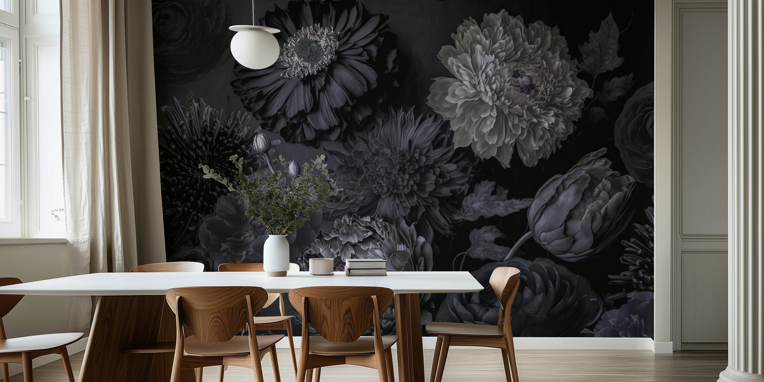 Dark grey floral wallpaper with moody flowers in black and white tones