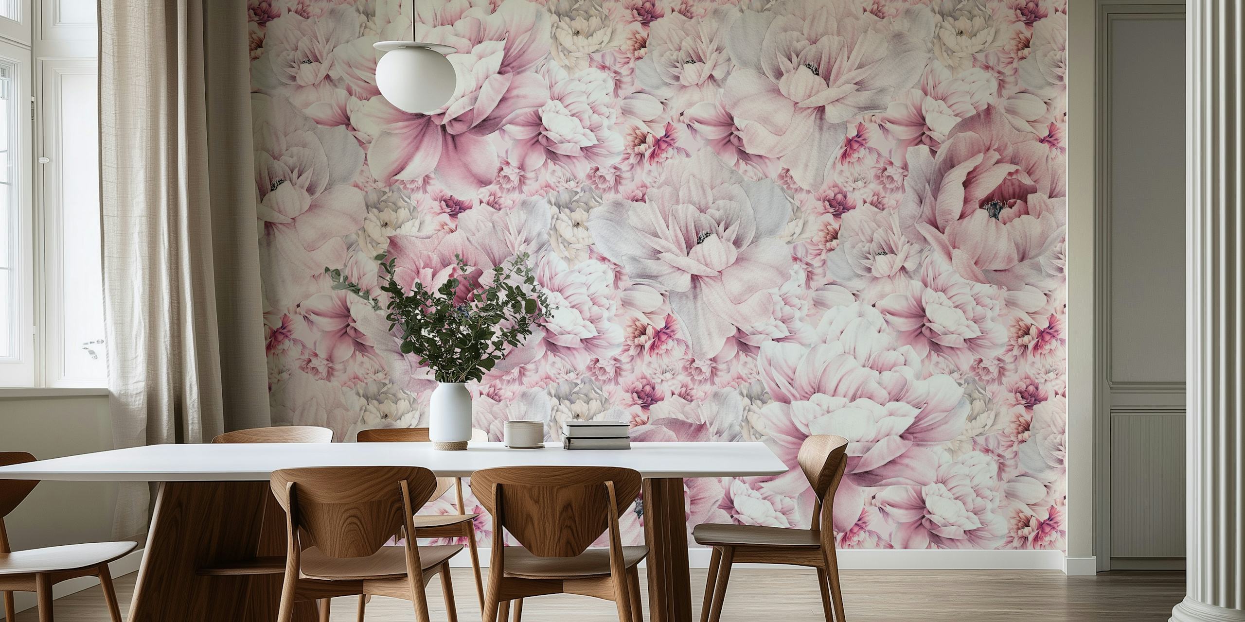Peony flowers in soft pink and white colors floral wallpaper