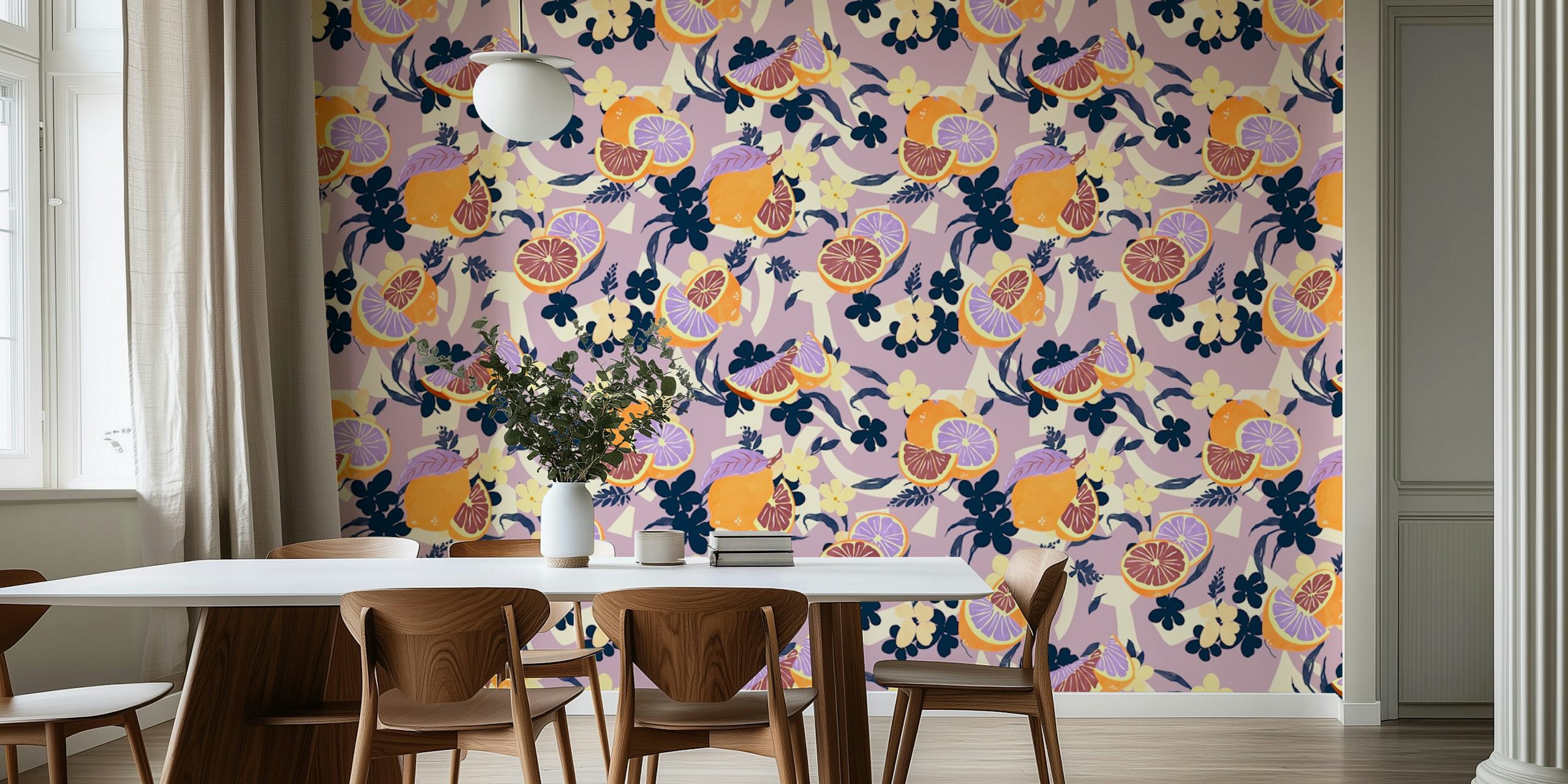 Orange flowers and purple accents floral wallpaper