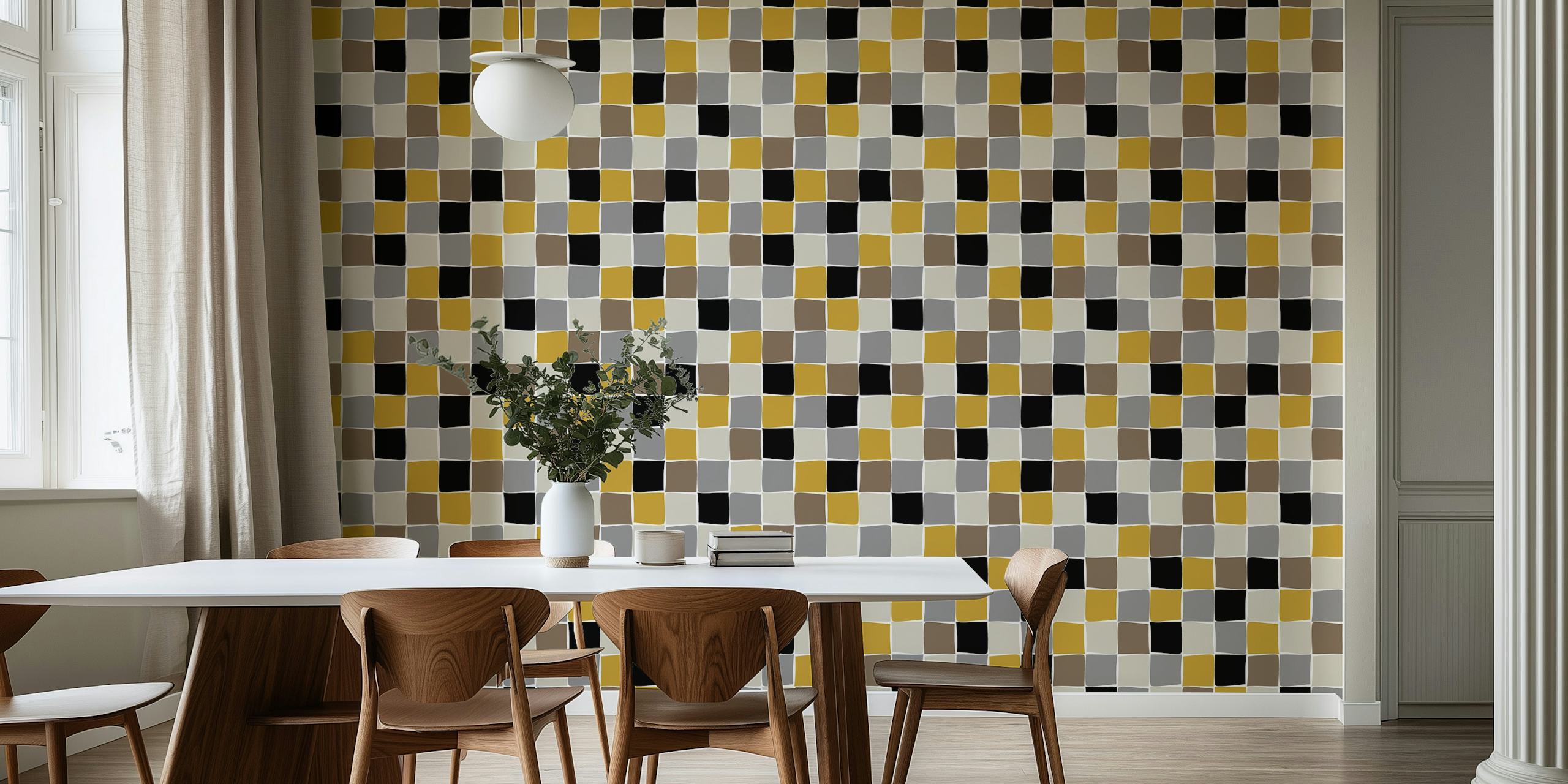 Checkerboard pattern wallpaper in yellow, gray, and black colors