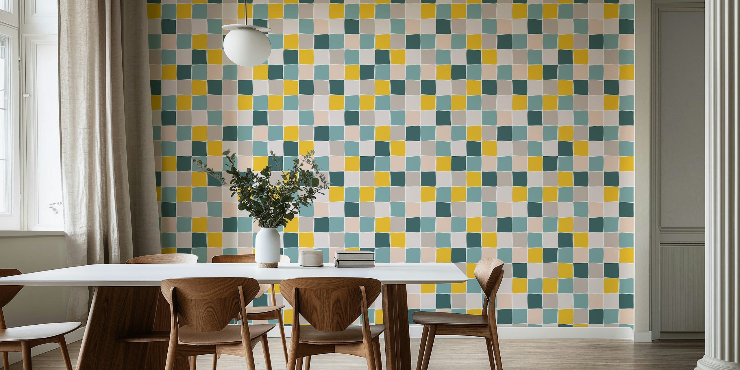 Colorful geometric pattern of squares in teal, yellow, and cream wallpaper