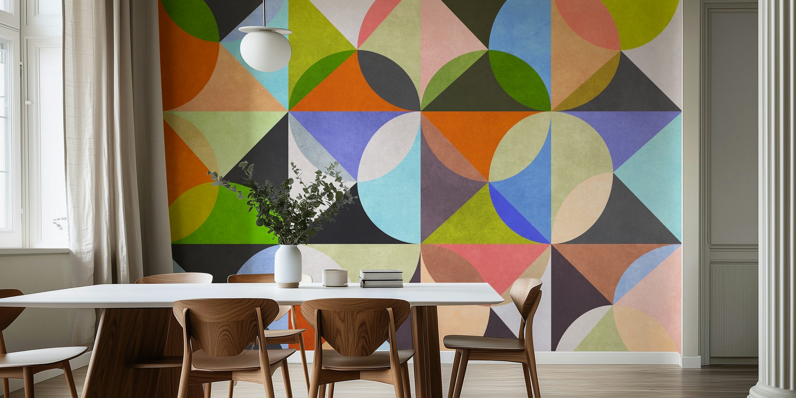 Colorful geometric shapes in warm and cool tones wallpaper