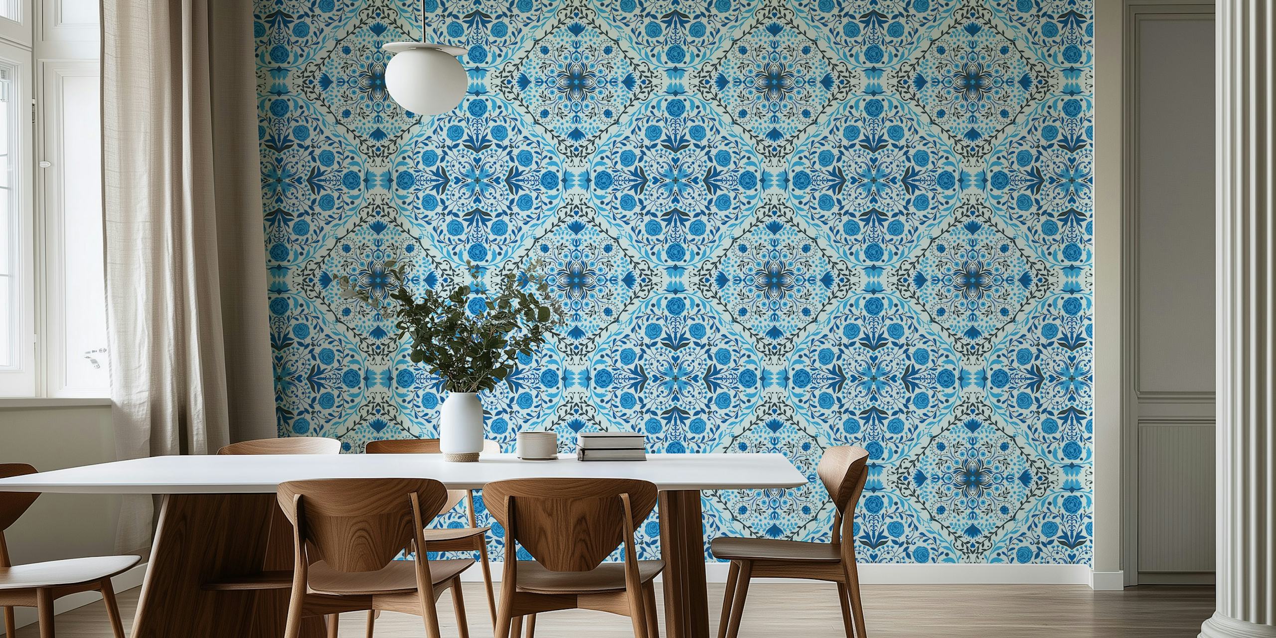 Floral tiles wallpaper in blue