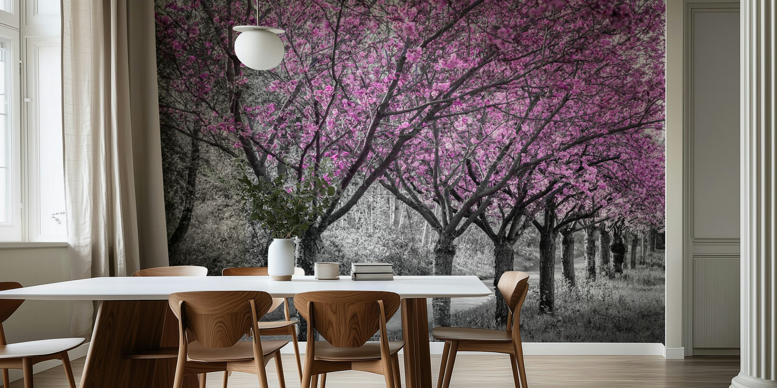Pink cherry blossom trees in black and white wallpaper