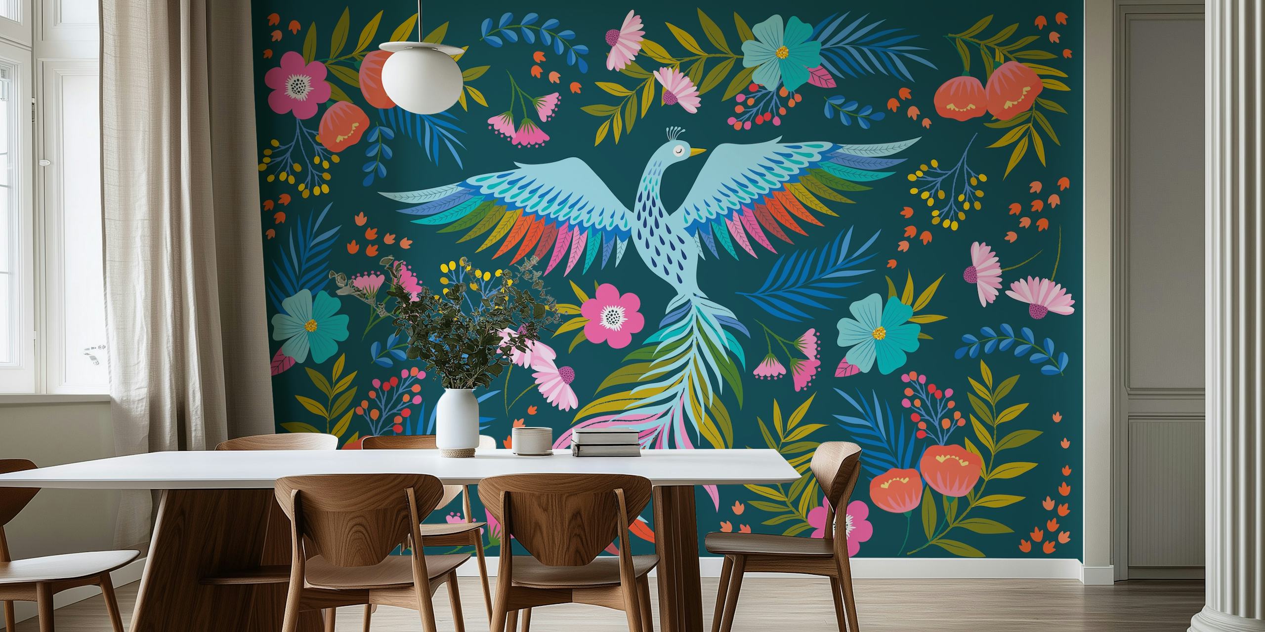 Colorful rainbow phoenix with flowers and leaves wallpaper