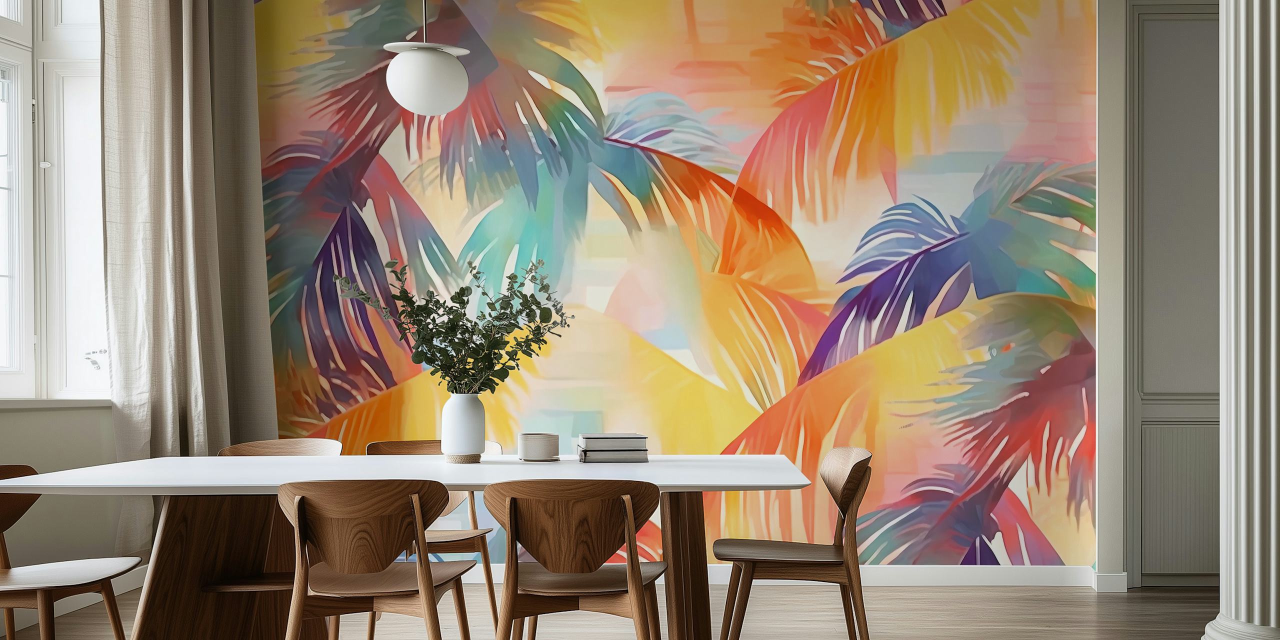 Papel de parede Coachella com folhas de palmeira coloridas