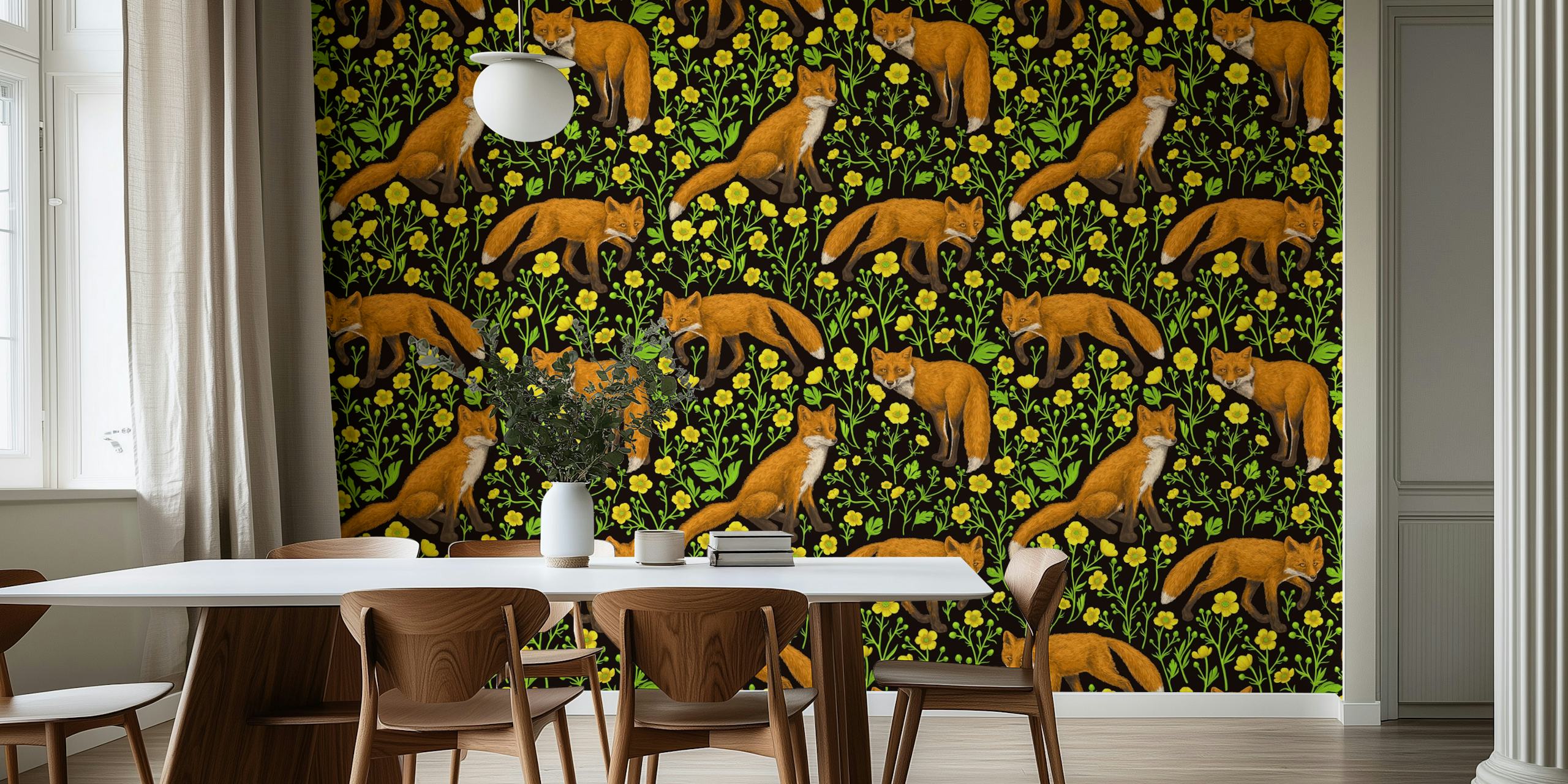 Foxes and yellow buttercups on black background wallpaper