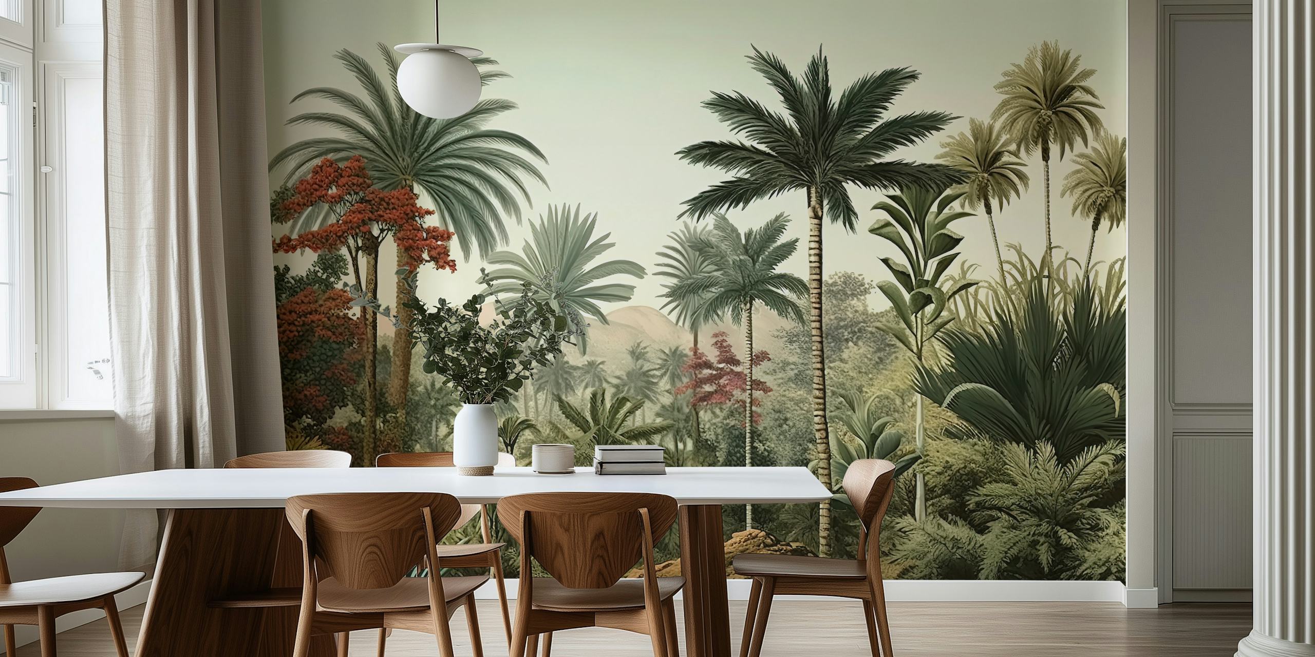 Tropical palm trees in various greens and red hues wallpaper