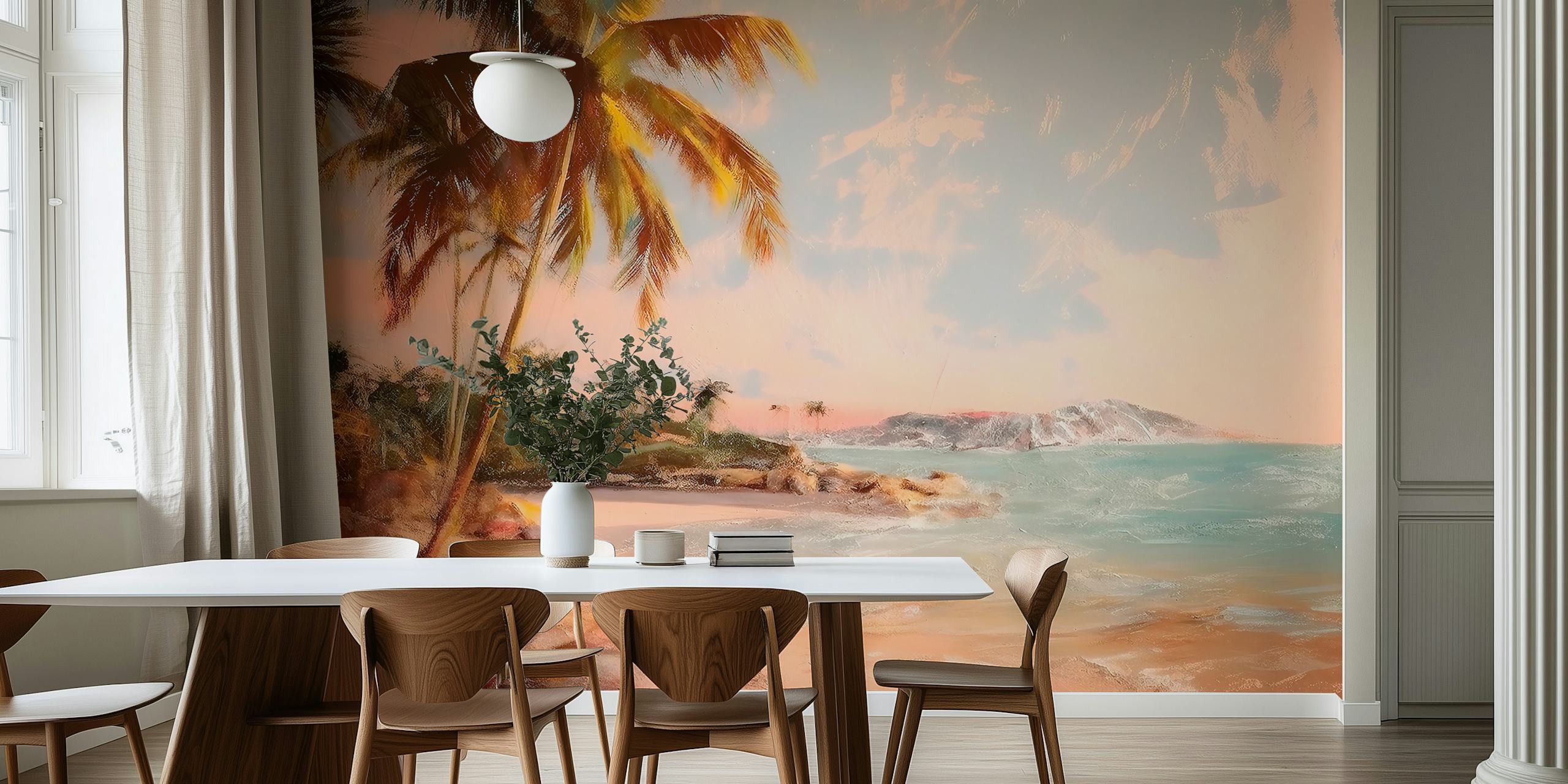 Tropical beach landscape with palm trees and ocean wallpaper