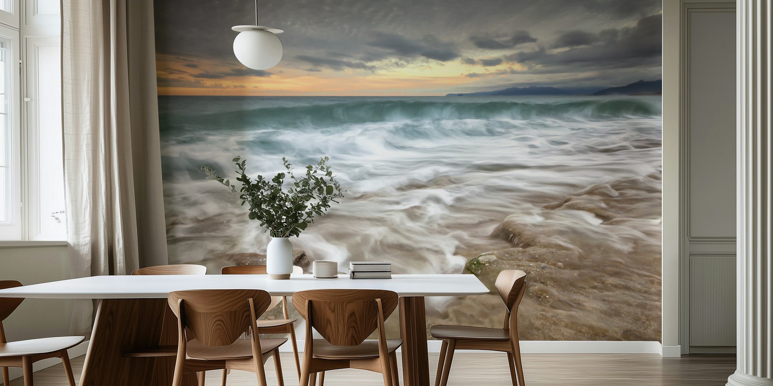 Dynamic sea wave wall mural under stormy sky