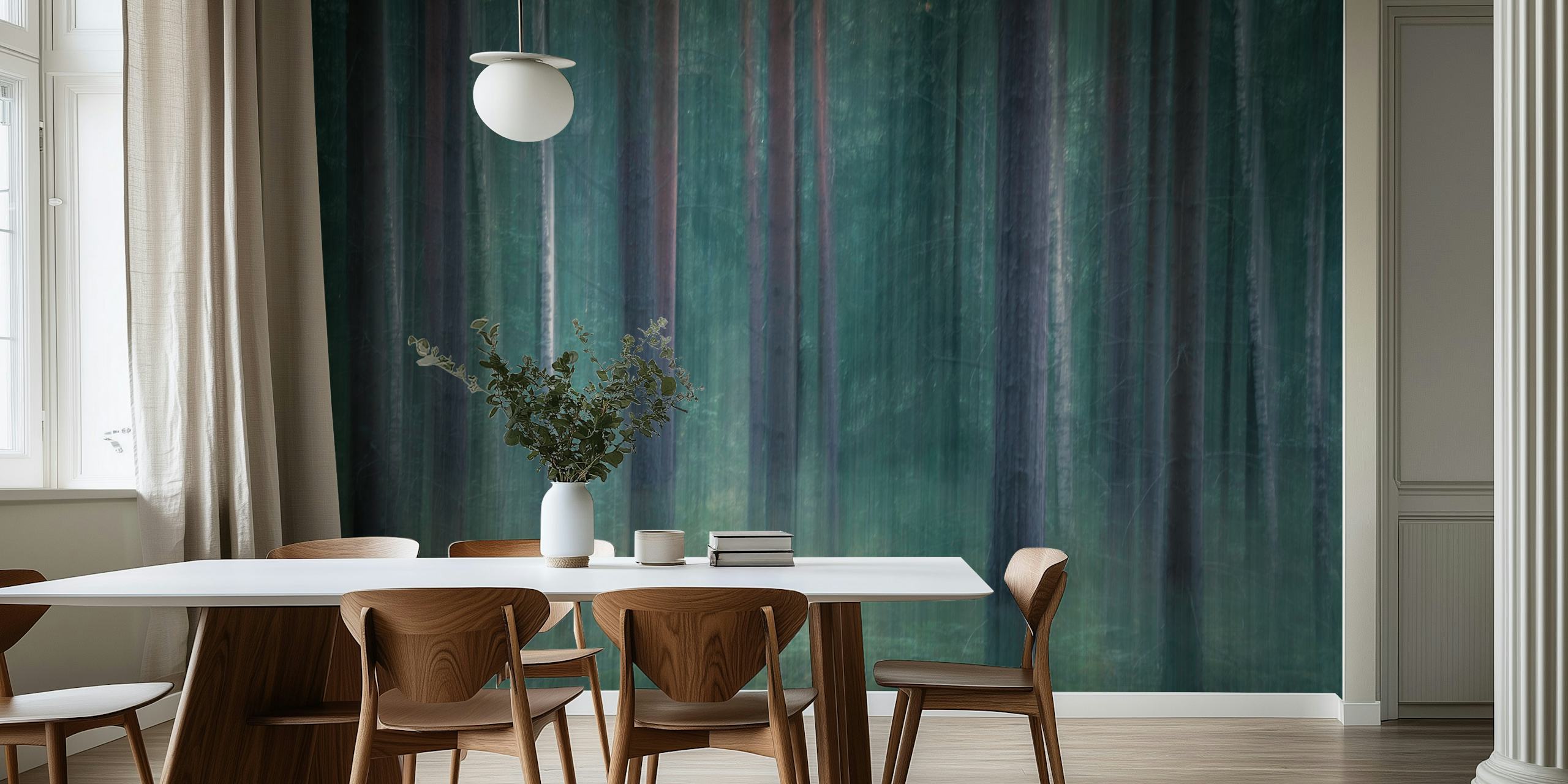 Misty forest scene with tall trees and green hues wallpaper