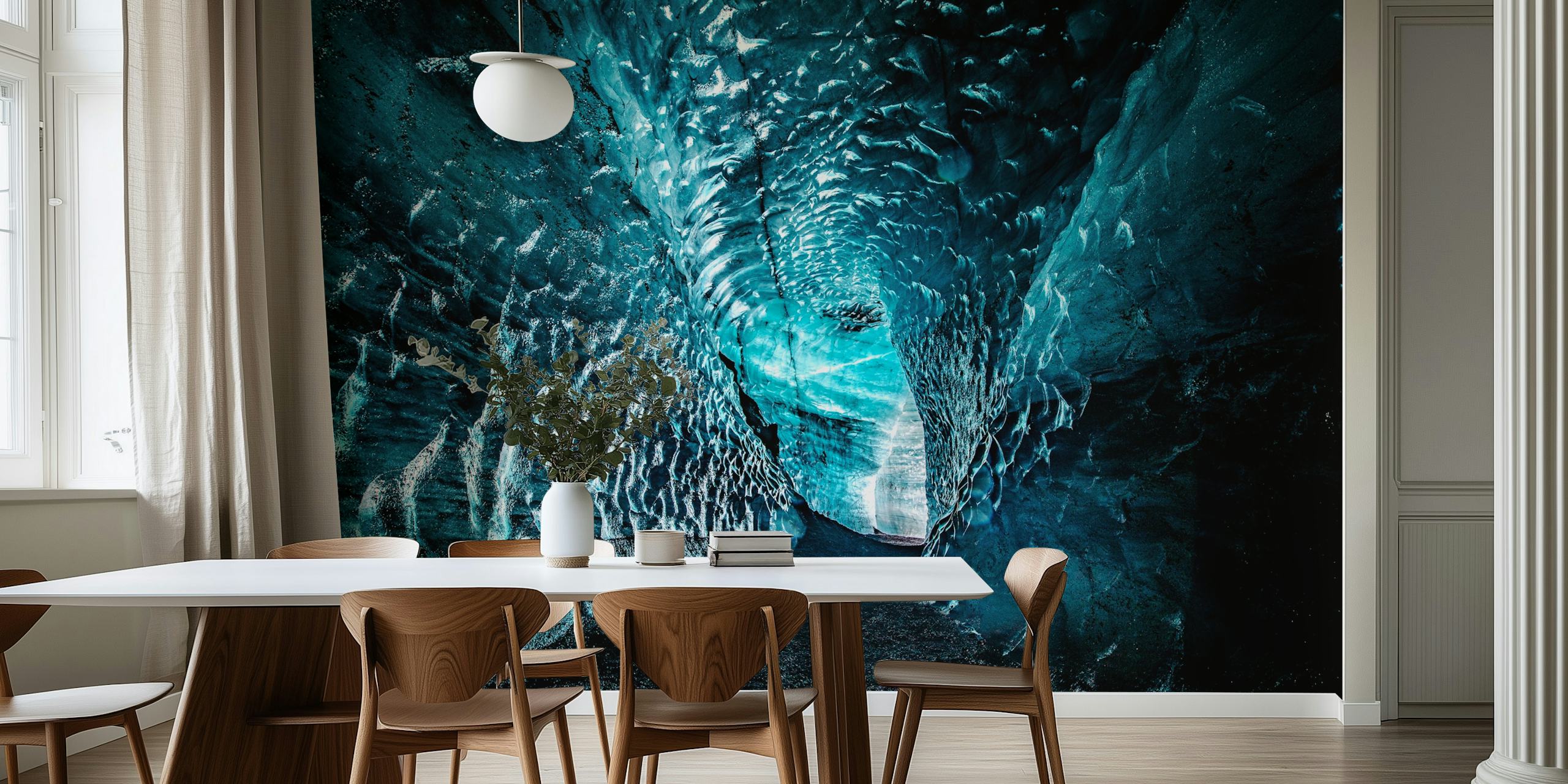 Arctic ice cave wall mural depicting a serene frozen cavern with shades of blue and clear ice formations