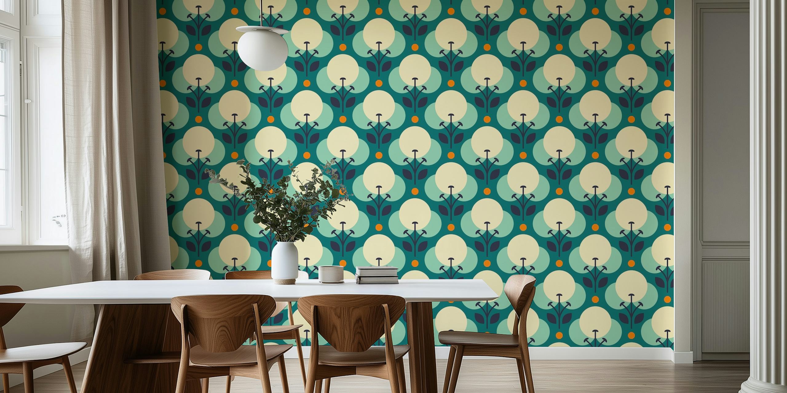 Retro floral design in teal and yellow wallpaper