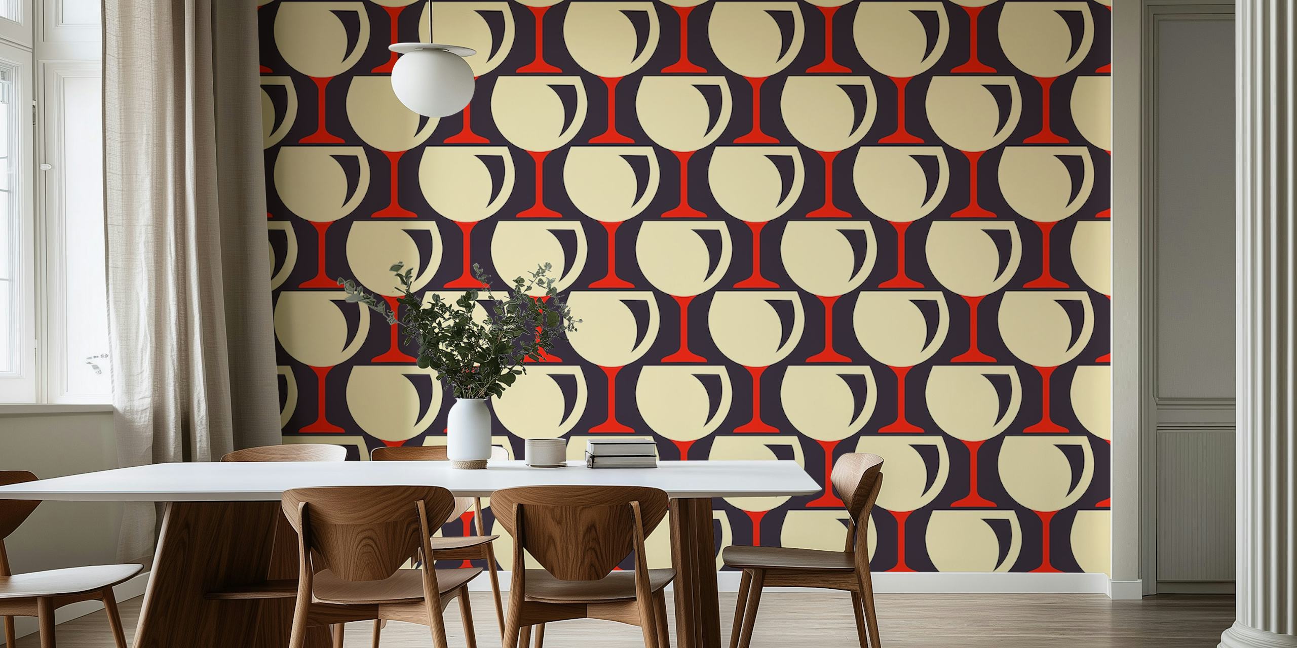 Red wine glasses pattern with cream background - wallpaper