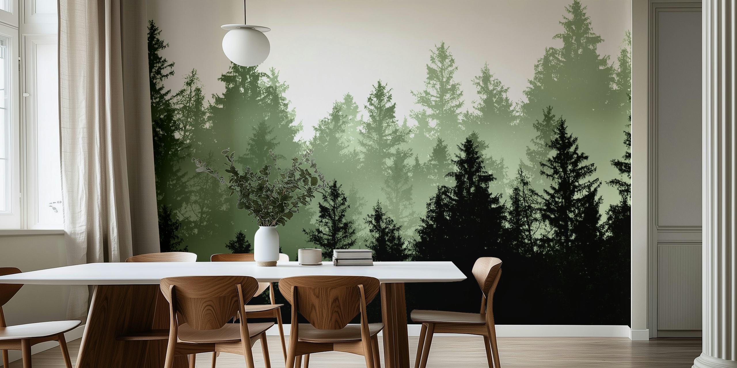 Green forest wallpaper design in a room