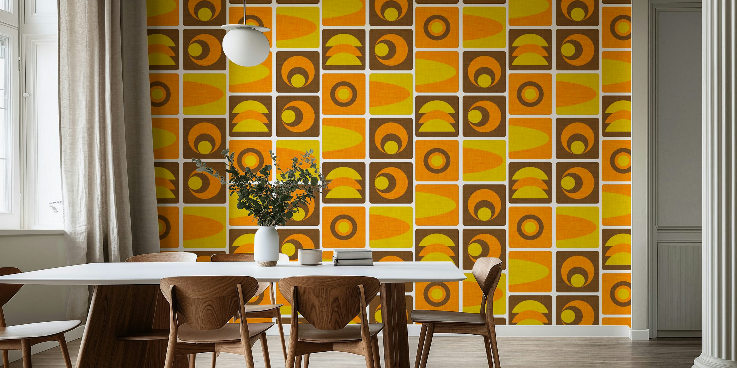 Retro 1970s inspired geometric cube pattern wall mural in orange and yellow shades.