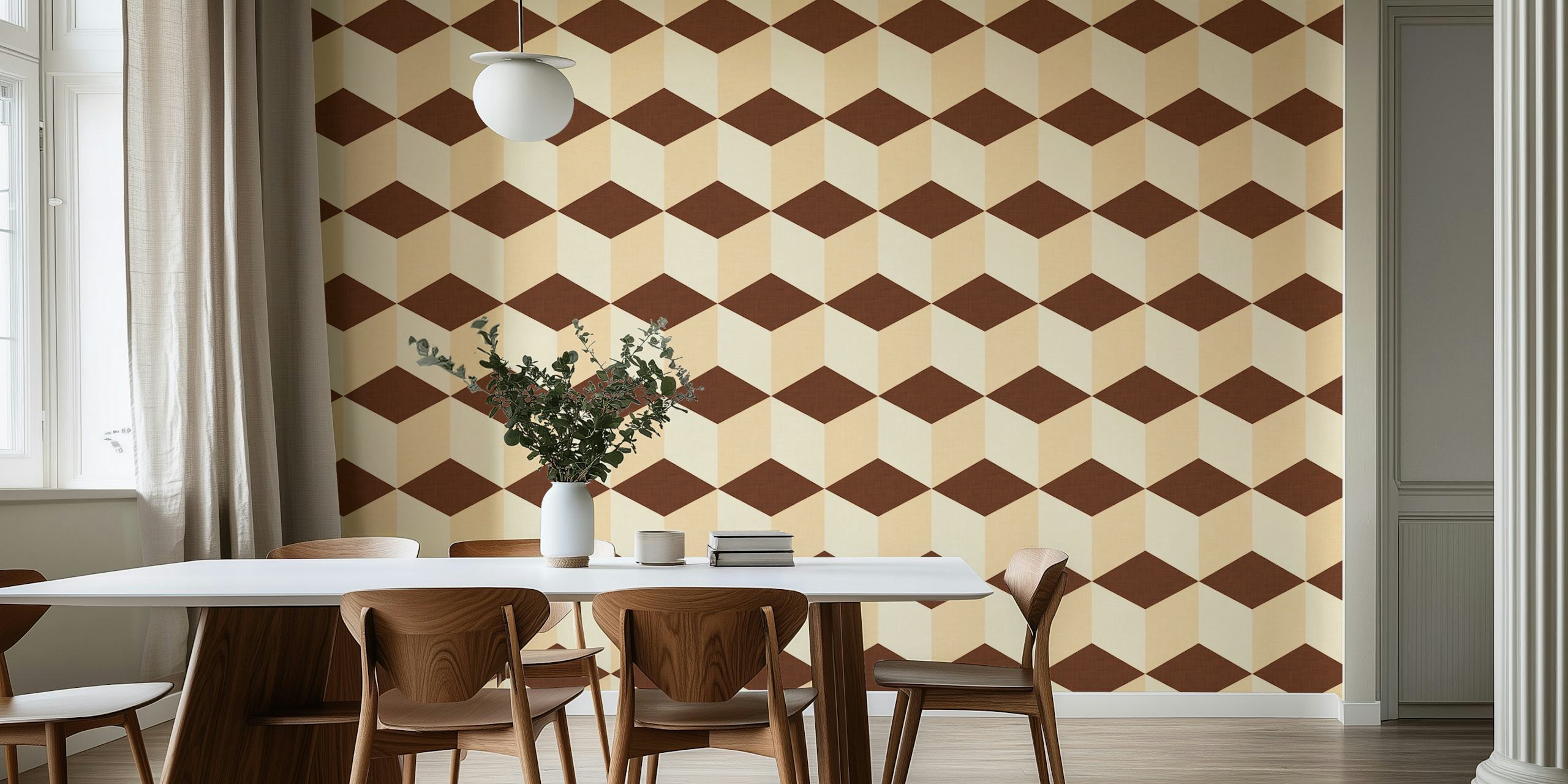 Geometric cube pattern in brown and beige wallpaper