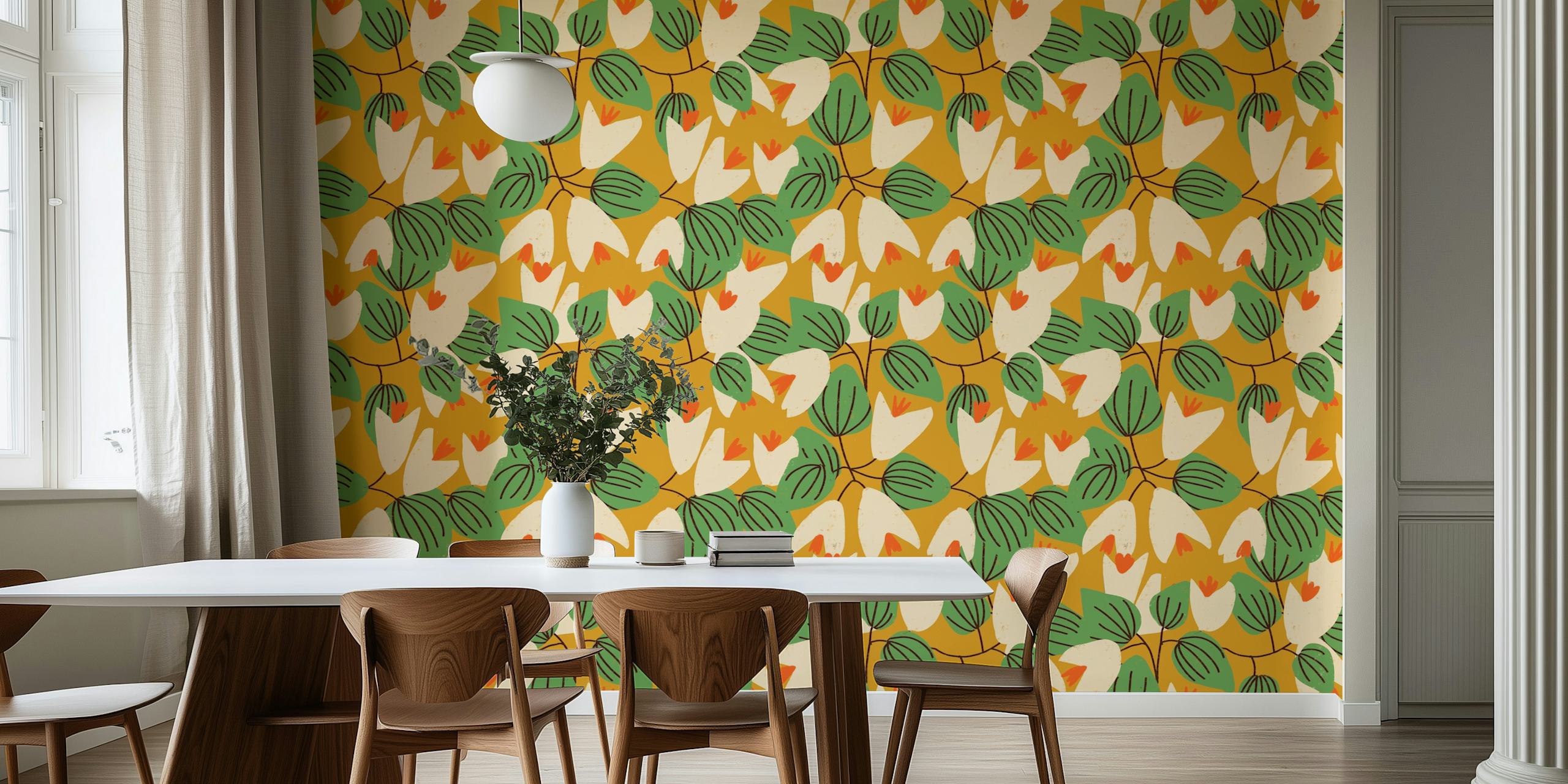 Vivid yellow floral wallpaper design in a room