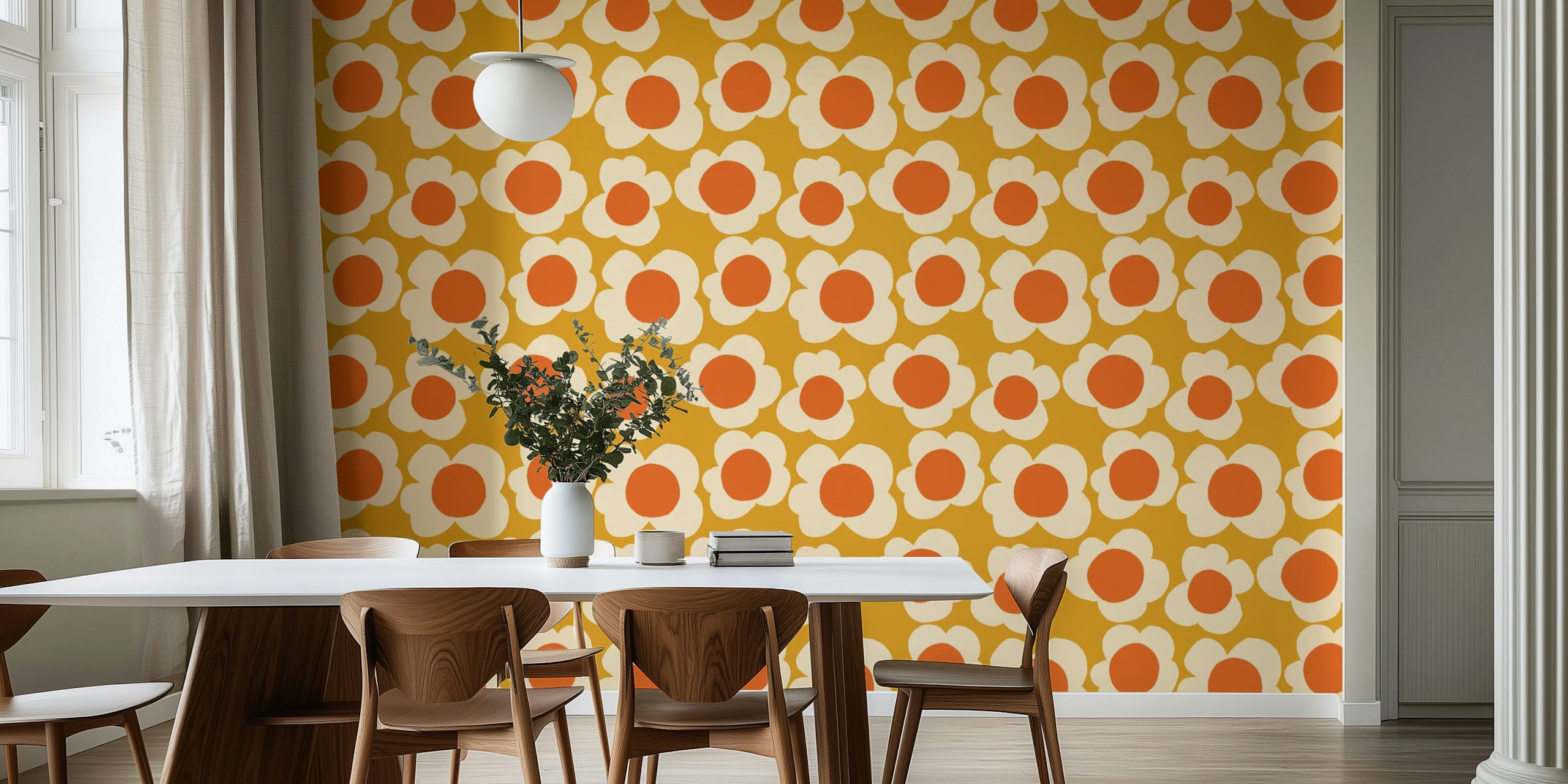 Un motivo ripetuto di fiori stilizzati gialli e arancioni su uno sfondo beige per un murale.
