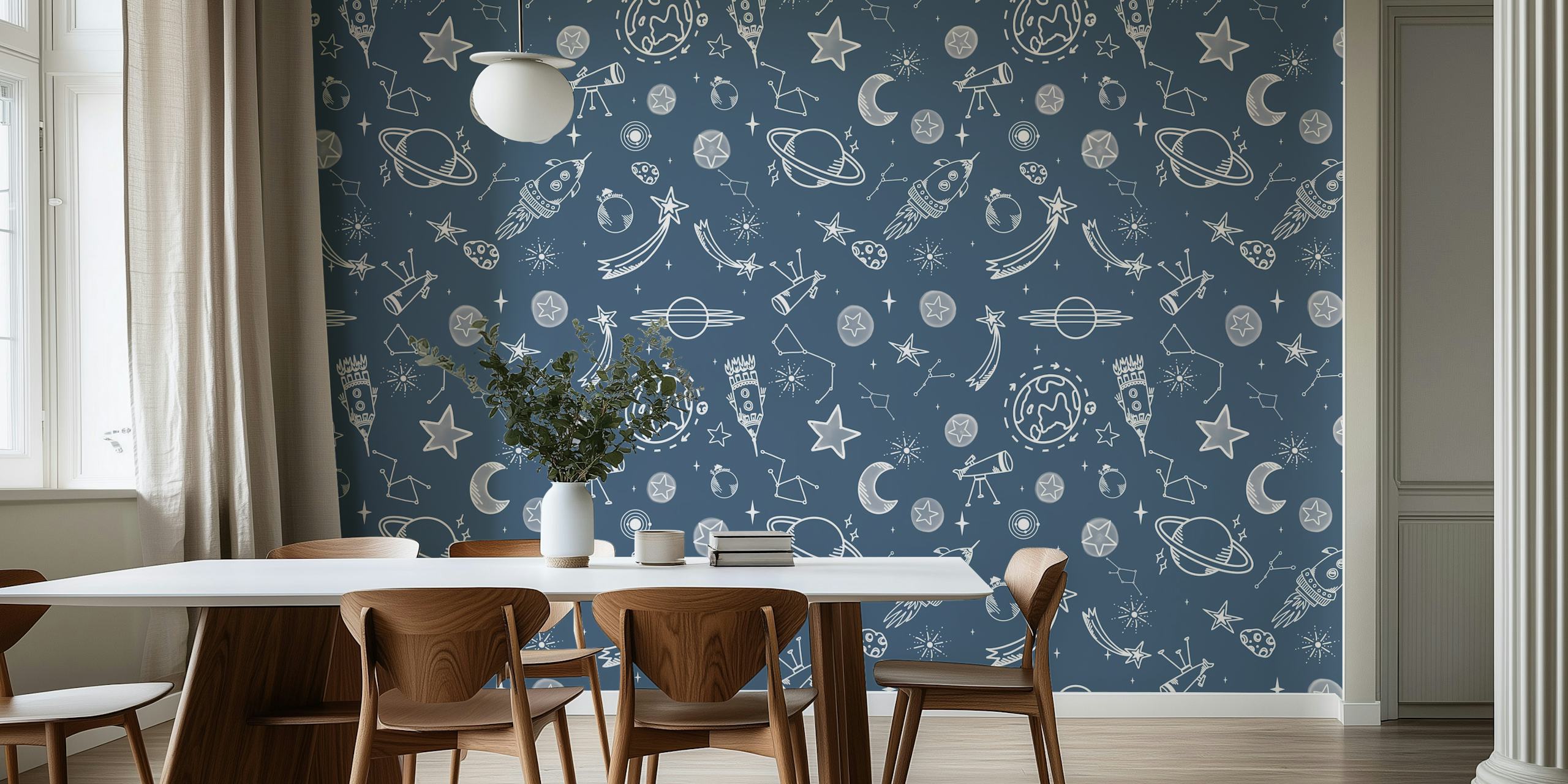 Celestial patterns with rockets, planets, and stars in blue wallpaper