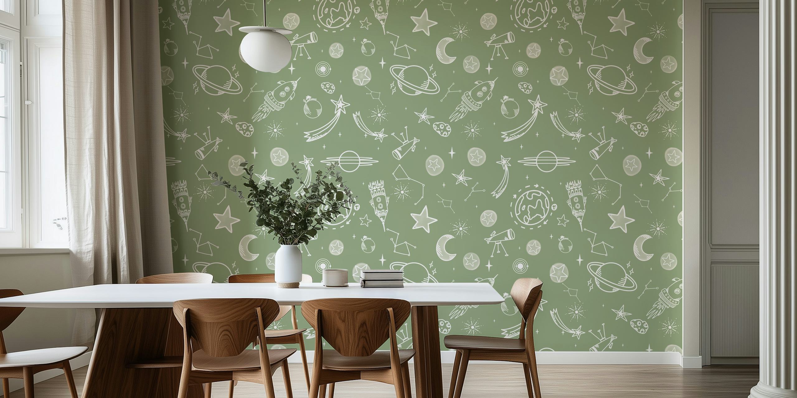 Whimsical wallpaper design with rockets and stars
