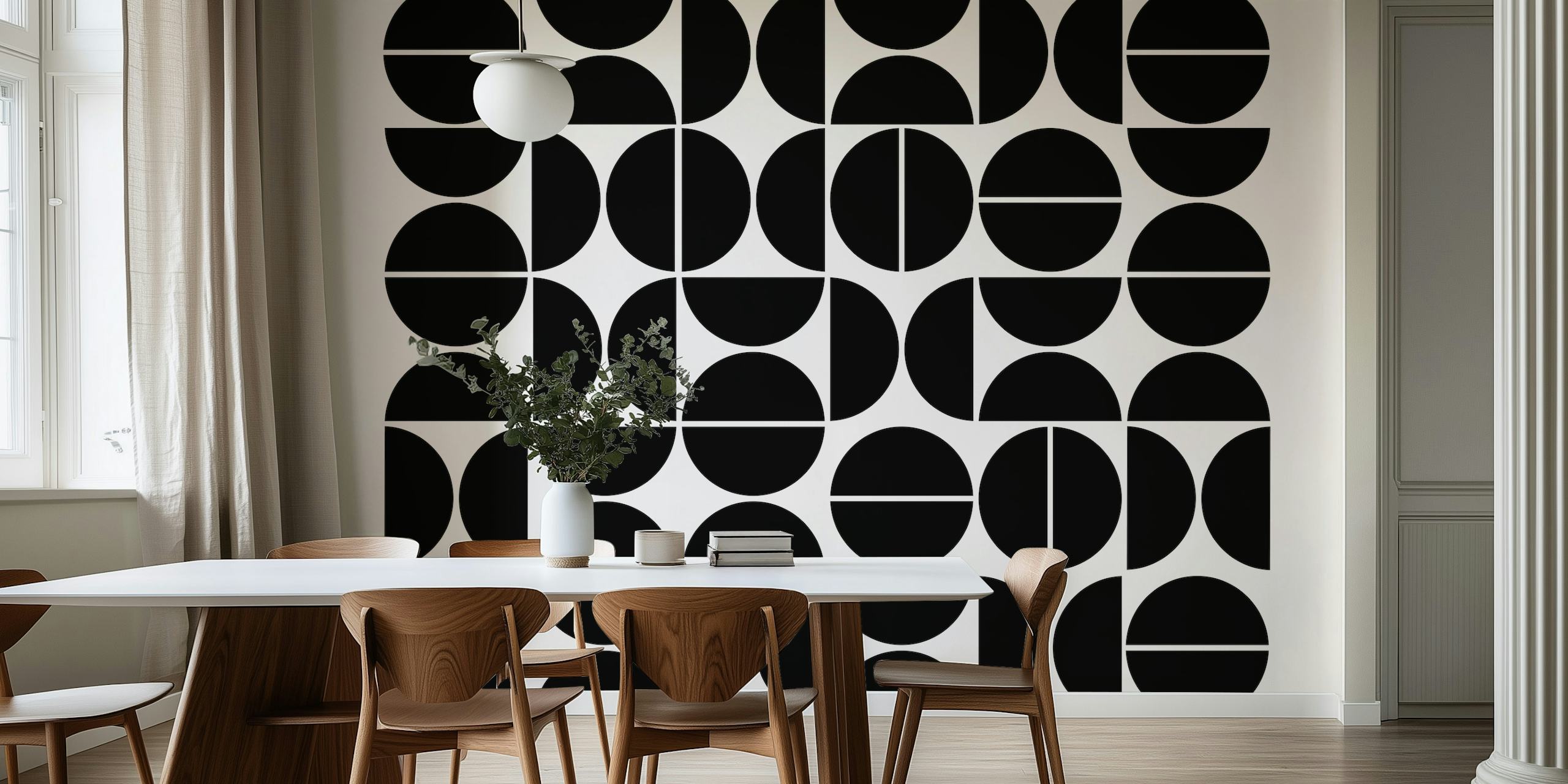 Black and white geometric pattern featuring circles and semi-circles wallpaper