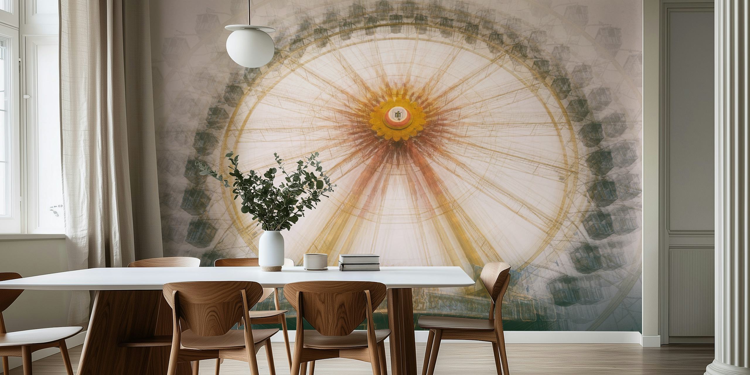 Abstract Ferris wheel design in soft cream and yellow colors wallpaper