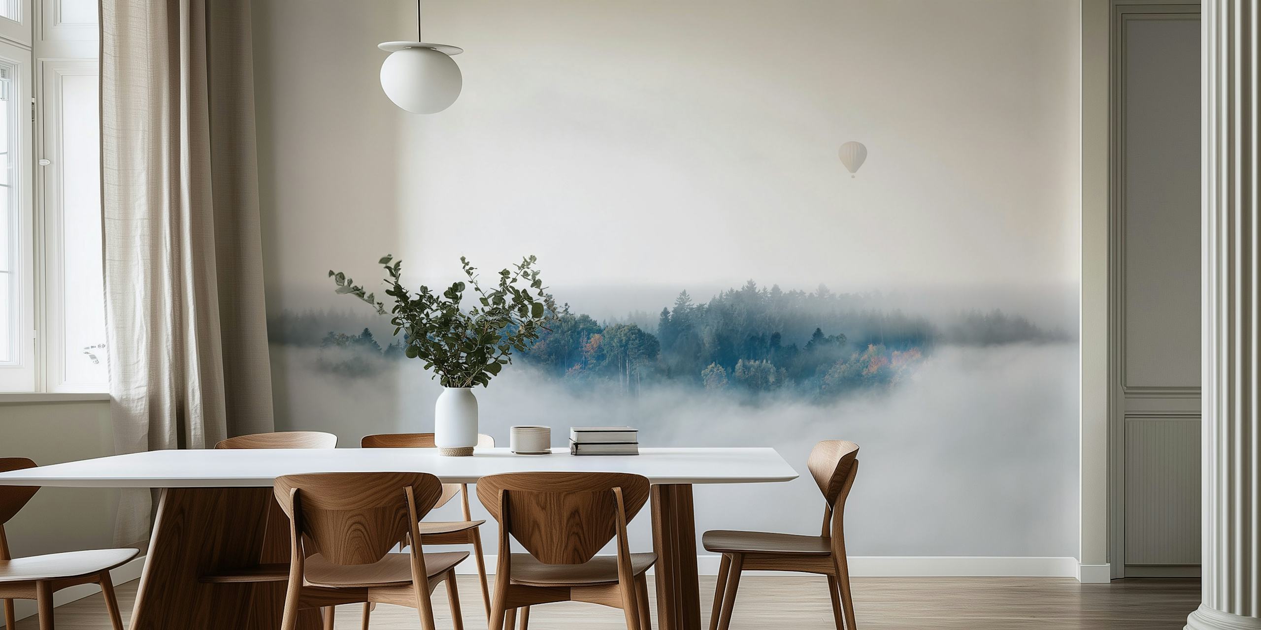 Misty landscape with trees and a hot air balloon, grey tones wallpaper