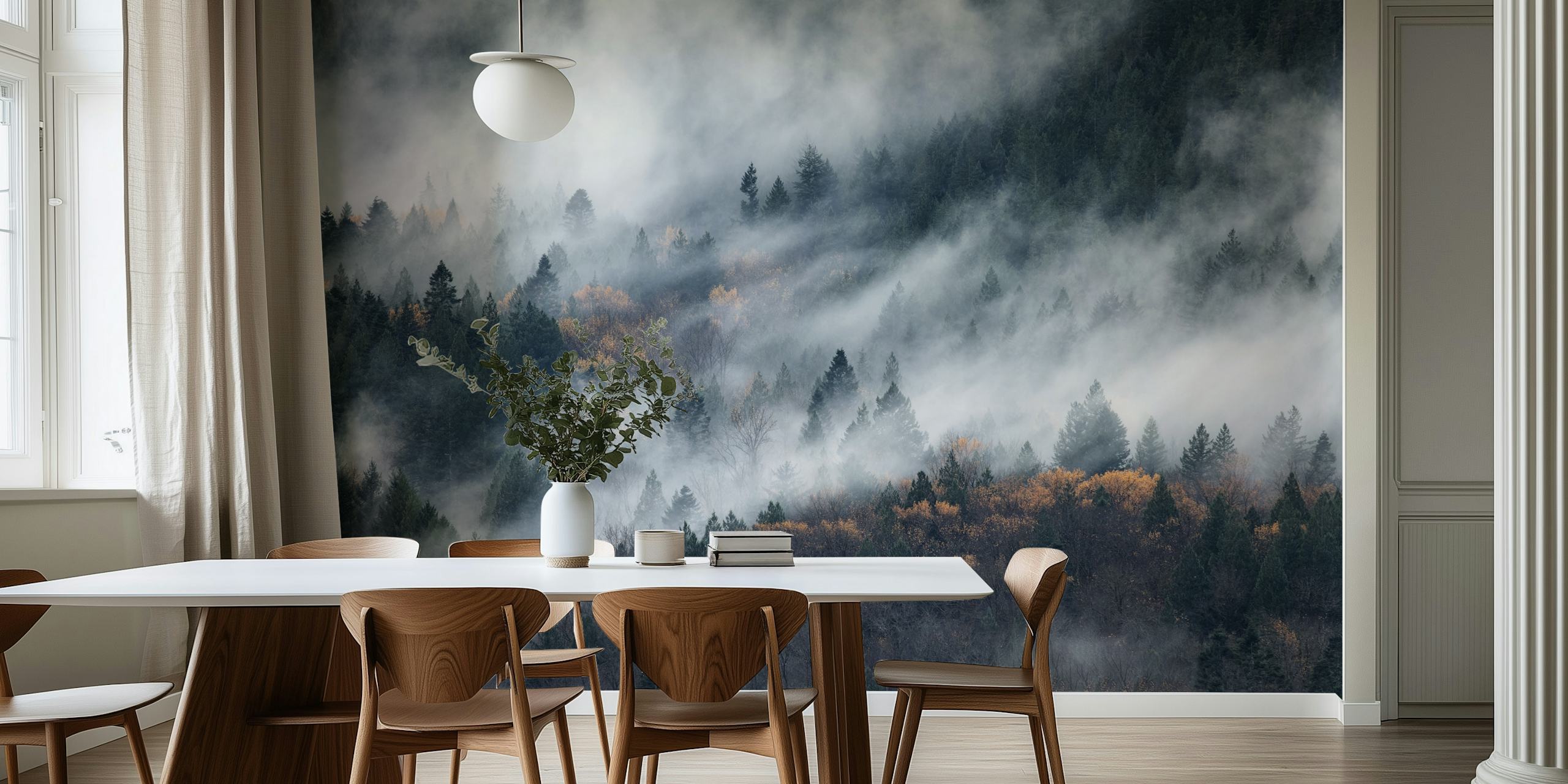 Foggy woodland wallpaper design